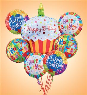 Happy Birthday 6ct Balloon Bouquet  - Happy Birthday 6ct Large Balloon Bouquet  A birthday cupcake provides a single serving of sweet fun. But our big cupcake-shaped Mylar balloon, paired with a bundle of assorted Happy Birthday balloons, serves up multiple smiles for birthday stars of all ages. Large includes 6 assorted balloons. Small includes 4 assorted balloons. Balloon designs may vary due to local availability.