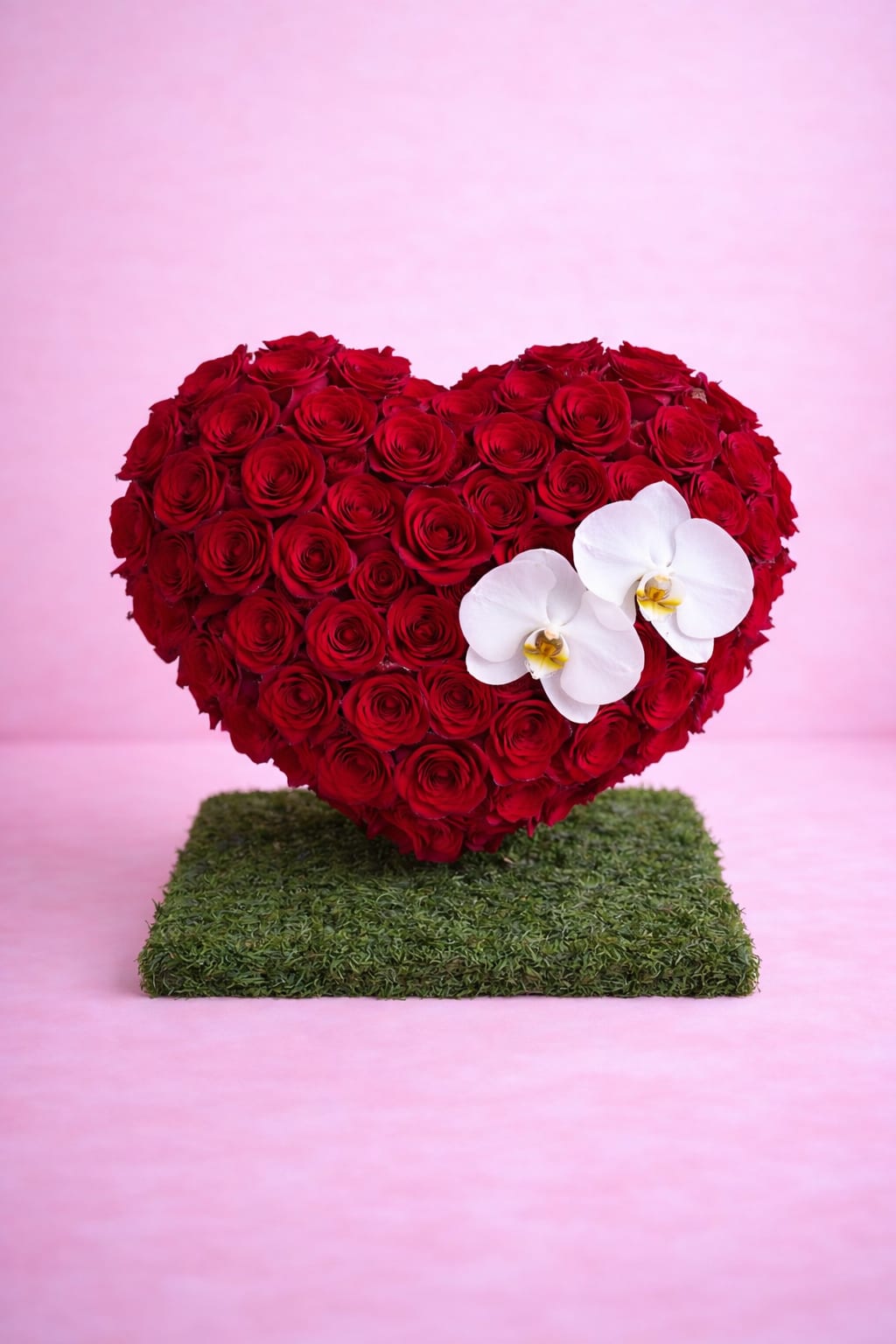 Heart-shaped red rose arrangement with two white orchids on a green base