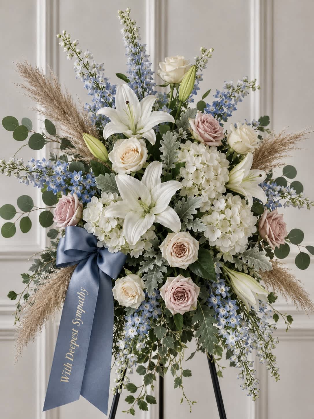 Standing floral spray with white lilies, pale roses, and blue flowers on a ribboned easel