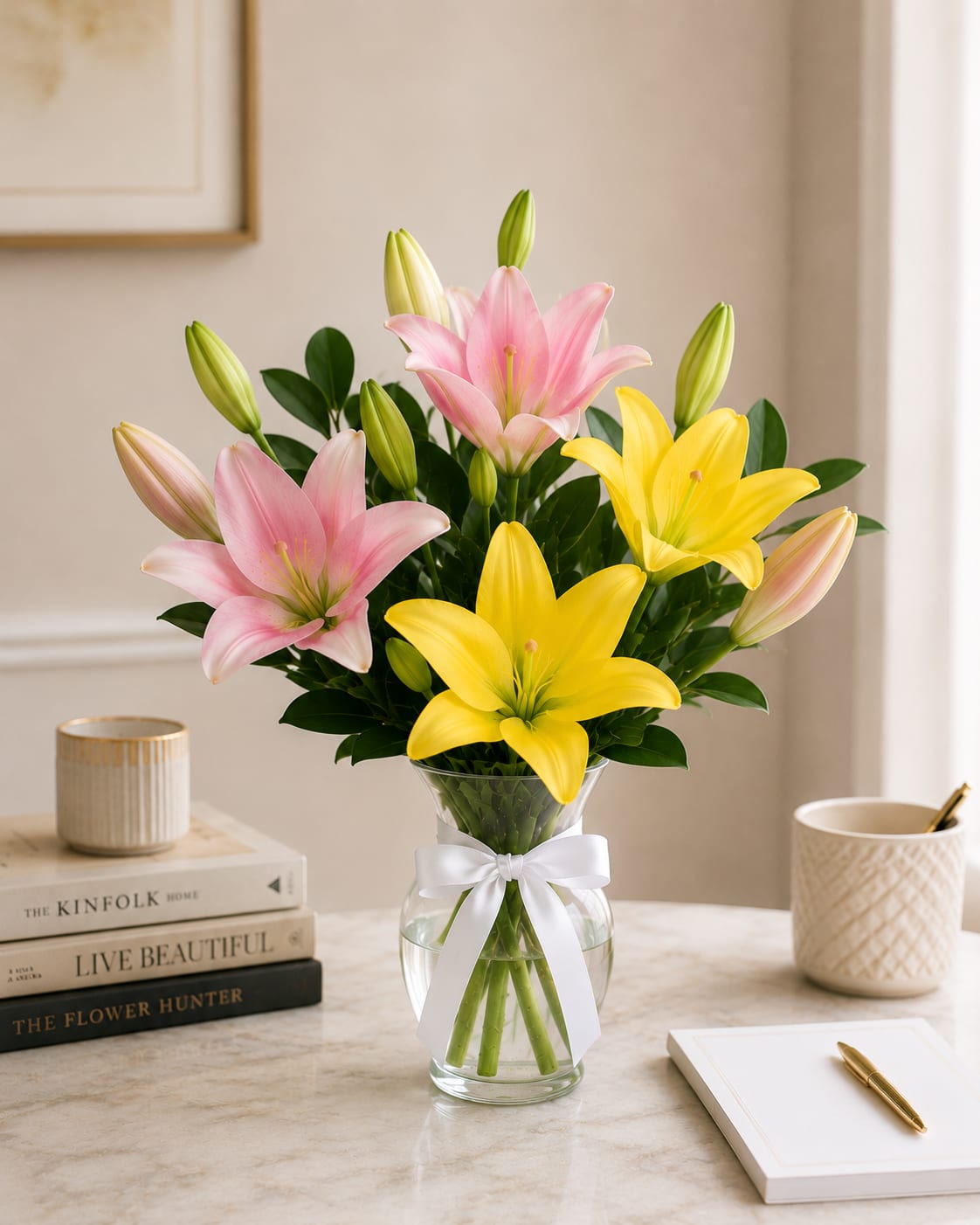 Pink and yellow lilies in a clear glass vase with a white ribbon