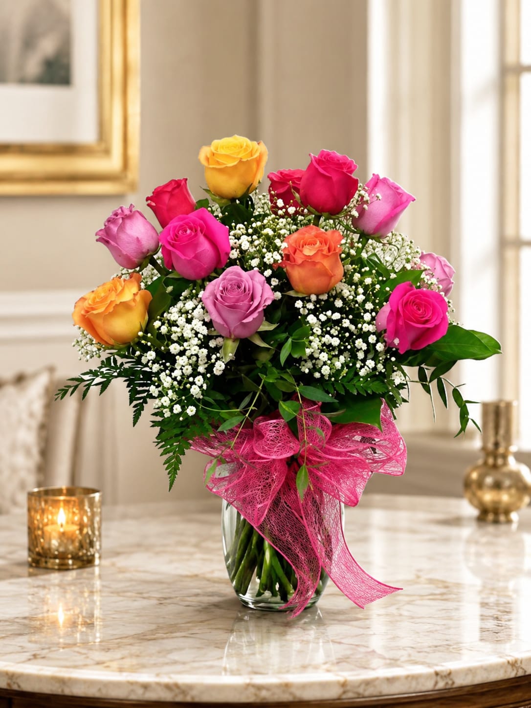 One dozen mixed Ecuadorian roses - A vibrant ring of mixed-color Ecuadorian roses-pink, orange, yellow and lavender-creates an eye-catching birthday bouquet or anniversary arrangement that feels joyful and heartfelt. The rounded, dome-shaped design surrounds a soft cloud of delicate white filler flowers, so the person you're thinking of will first notice the cheerful color and then the gentle, airy contrast that makes each rose sing. This mixed rose arrangement also reads as a sunny Mother's Day, get well, or just-because surprise that brightens a room year-round, including Easter and springtime celebrations.  Arranged in a clear glass vase and finished with a bright pink decorative bow at the base, the presentation is both polished and playful-perfect for housewarming, graduation, or welcoming a new baby. The Ecuadorian roses offer long stems and generous blooms for strong visual impact; the compact rounded shape makes it easy to place on a table, desk, or bedside while still looking full and abundant. Order with confidence for holidays, memorials, or everyday moments-these fresh roses arrive ready to impress and will continue to look lovely with simple care: fresh water, a cool spot away from direct heat, and a trim of stems every few days.