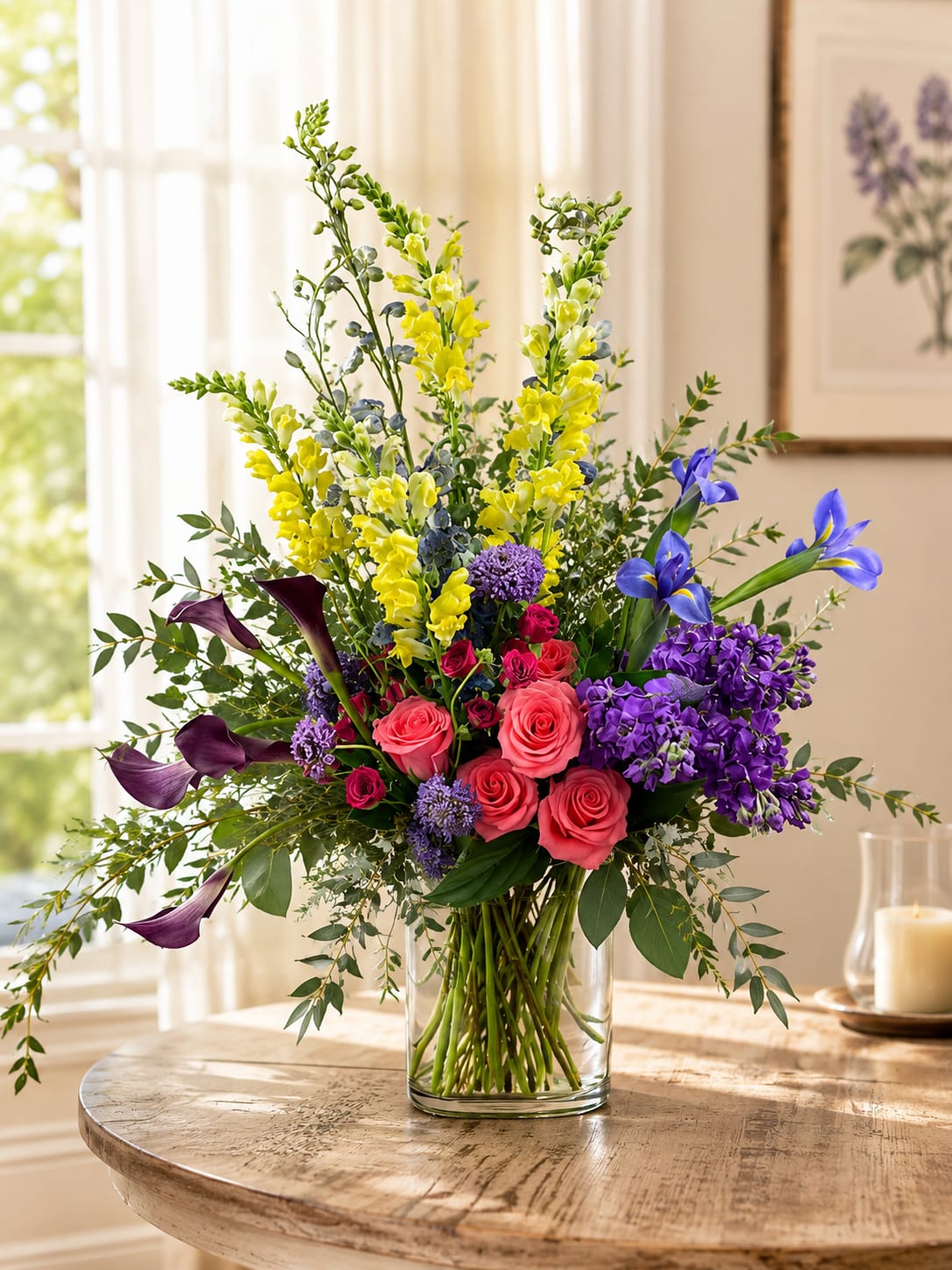 Petal Perfection Flower Company’s Colors of Life - Bright, energetic color and bold sculptural lines make this flower arrangement a celebration in itself-perfect as a birthday bouquet, congratulations gift, or an exuberant "just because" surprise. The tall, asymmetrical design reads modern and joyful, so the person you're thinking of will feel seen and celebrated whether it's Mother's Day, a graduation, a housewarming, or an Easter table centerpiece.  A mix of yellow snapdragons rising at the back, vivid pink roses and purple cushion blooms clustered at the center, and rich purple stock give this arrangement its lively core. Deep plum mini calla lilies sweep outward in graceful arcs while a few blue iris stems add striking contrast near the top; seasonal chrysanthemums and stock fill the composition for texture and scent. Arranged in a clear rectangular glass vase, the clean lines let the saturated reds, pinks, purples, lavenders, peaches, greens, blues, oranges, and whites sing together for a bright, mixed-color statement.  This piece is designed to make the recipient feel joyful and celebrated-ideal for anniversaries, get-well wishes, thank-you gestures, or to lift spirits during holidays and everyday moments alike. The tall vase and dynamic height make it a strong focal point for mantels, entry tables, or office desks; fresh water and a cool spot away from direct sun will help the flowers last longer. Order with confidence for timely delivery to mark the moment perfectly.