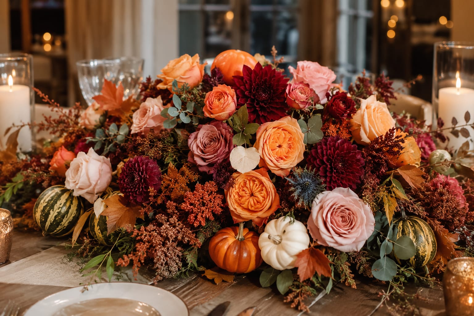 Petal Perfection's Gourd-geous  Centerpiece  - A lush, low autumn centerpiece designed to steal the show-this fall flower arrangement pairs roses and dahlias in warm orange, burgundy, blush, and cream for a rich, romantic harvest look perfect as a Thanksgiving centerpiece or seasonal event focal point. The arrangement reads cozy and slightly rustic while keeping a formal table-setting presence, the kind of display that makes the person at the head of the table feel truly celebrated.  Layered blooms sit close to the surface in a compact, abundant composition with muted eucalyptus and dried accents woven through for texture and depth. Small decorative pumpkins and candles are tucked into the design creating a finished tabletop vignette that blends floral softness with autumnal detail. Sized to sit comfortably on dining tables, this piece invites conversation without blocking sightlines.  Made to elevate fall gatherings and seasonal gifts, it's an ideal choice for hosts, family dinners, or anyone who loves harvest-season style; it sends a warm, thoughtful message that says you planned something special for them. Care is simple-keep flowers fresh by placing away from direct heat and replenishing water as needed to prolong bloom life through the holiday.