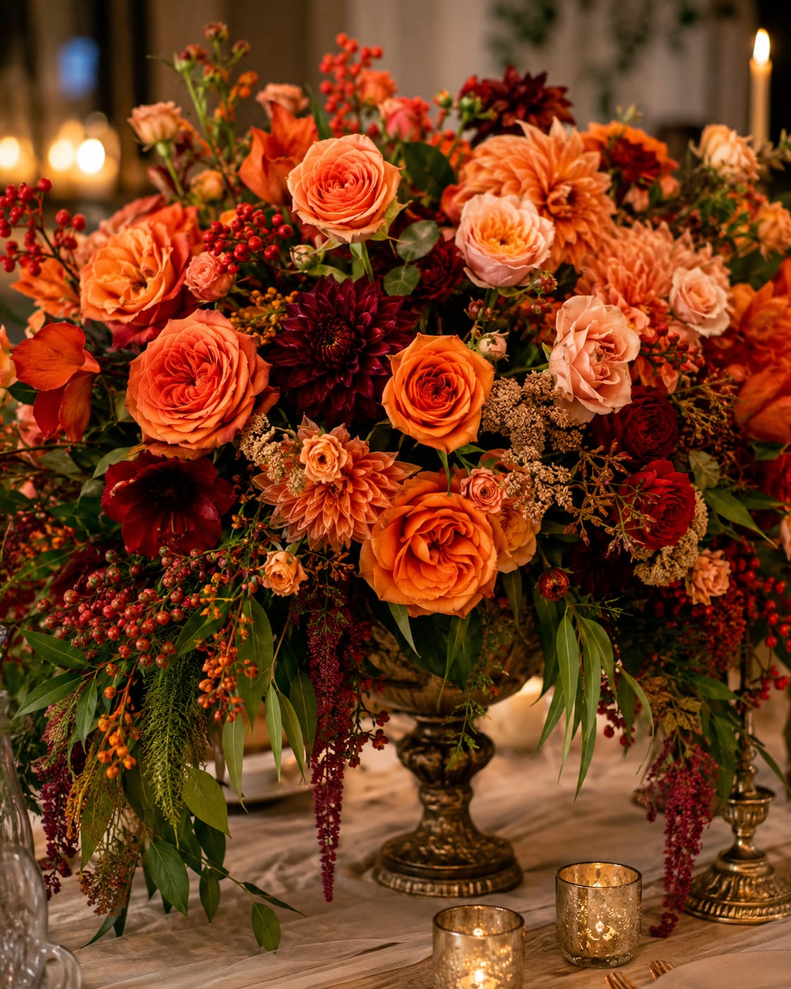 Petal Perfection's Grand in Style - A large, lush centerpiece arranged on a gleaming gold pedestal vase, this flower arrangement is ideal as a fall wedding centerpiece or an autumnal dinner party focal point. The warm orange roses and dahlias create a dramatic, candlelit atmosphere while burgundy blooms and clusters of red berries add depth-perfect for an anniversary dinner, Thanksgiving table, or any celebration that calls for rich, seasonal color.  This design pairs orange roses and dahlias with pink and red accents, carnations, trailing green foliage, and berry sprays for a full, cascading silhouette that reads abundant and formal. Finished on a tall gold pedestal vase and shown with glass candle holders to enhance the glow, the composition brings together varied textures-soft rose petals, sculpted dahlia forms, and crunchy berry clusters-for a layered, sophisticated look.  Made to make the recipient feel truly celebrated, this centerpiece suits hosts who want an elevated tablescape or a couple marking a milestone with seasonal flair. Order sizes are generous; because of the vase and the lush styling, it fills a large dining table or event space. To keep the arrangement looking its best, place away from direct heat and refresh water as needed.