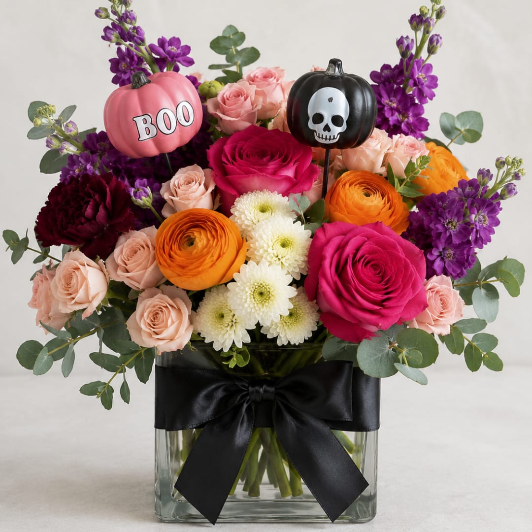 Halloween bouquet in a glass vase with roses, ranunculus, and purple blooms