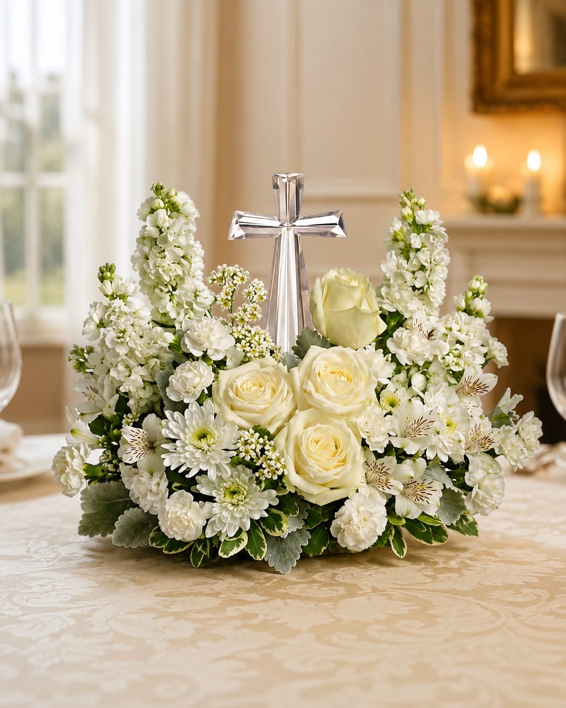 Petal Perfection‘s Crystal Cross - A low, rounded sympathy arrangement built around a crystal cross creates a reverent focal point that gently honors a life remembered. This flower arrangement for funeral or memorial services combines white roses, chrysanthemums, alstroemeria, and stock to convey calm and comfort - a quietly elegant way to offer condolences or mark a religious observance.  Compact and softly textured, the design features a tight bed of white blooms with the crystal cross rising from the center for clear, spiritual symbolism. The mix of roses and chrysanthemums gives fullness and longevity, alstroemeria adds delicate linear detail, and stock contributes a subtle, comforting scent. Finished in an all-white palette with green foliage, the piece fits a casket spray complement, a memorial table, or a reflective display at home.  Made to feel thoughtful and respectful for the person you're honoring, this arrangement arrives ready to place; water and basic care will keep blooms looking fresh through services and visiting hours. For specific sizing or delivery for a funeral home, please select the appropriate delivery option at checkout.