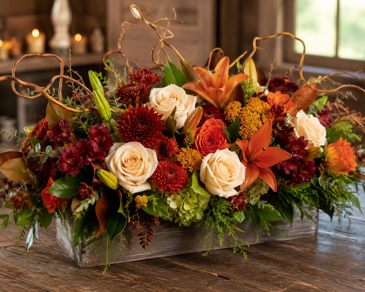 Autumn floral arrangement with roses, lilies, and mums in a wooden box