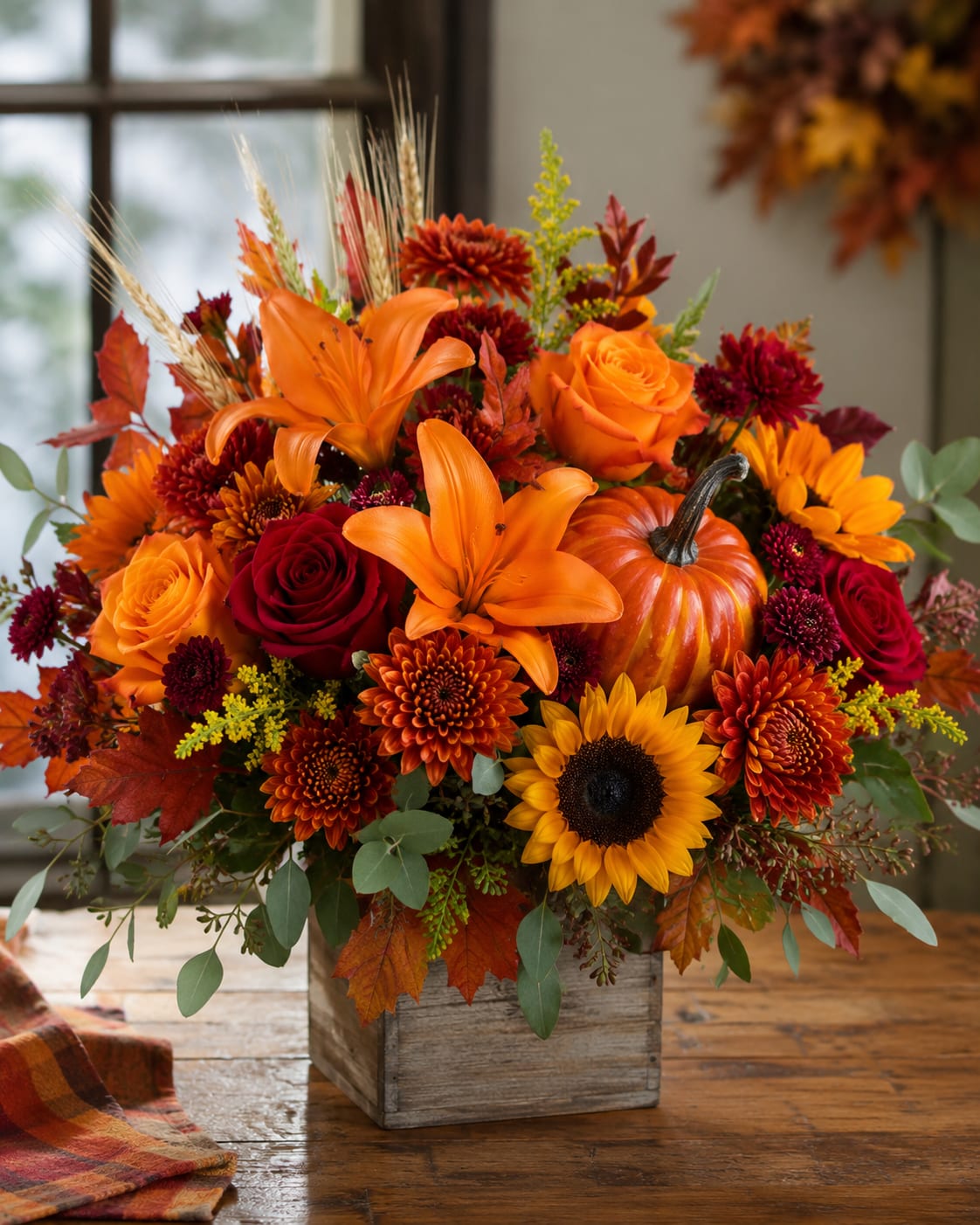 Rustic Radiance for Sun City Center  - Bright, harvest-inspired and full of texture, this autumn centerpiece is a flower arrangement perfect for Thanksgiving or seasonal decorating. The Rustic Radiance style in a wooden box mixes orange lilies, orange and red roses, yellow sunflowers and deep burgundy chrysanthemums to create a warm, celebratory display that will make the person you're thinking of feel welcomed and truly celebrated.  Dense and low in profile for tabletops, the arrangement is built in a rustic wooden box and finished with a small decorative pumpkin, wheat stalks, seed sprays and muted foliage for height and natural texture. The saturated palette of orange, red and gold draws the eye across the mixed blooms, while the varied shapes-broad sunflower faces, layered rose petals and spiky lily blooms-add visual richness and a comforting, seasonal scent.  Ideal as a Thanksgiving centerpiece or a hostess gift for autumn gatherings, this piece brings an instant harvest mood to mantels or dining tables. Order early for seasonal delivery; to keep it looking fresh, place in a cool spot away from direct heat and replenish water if the floral foam is accessible.
