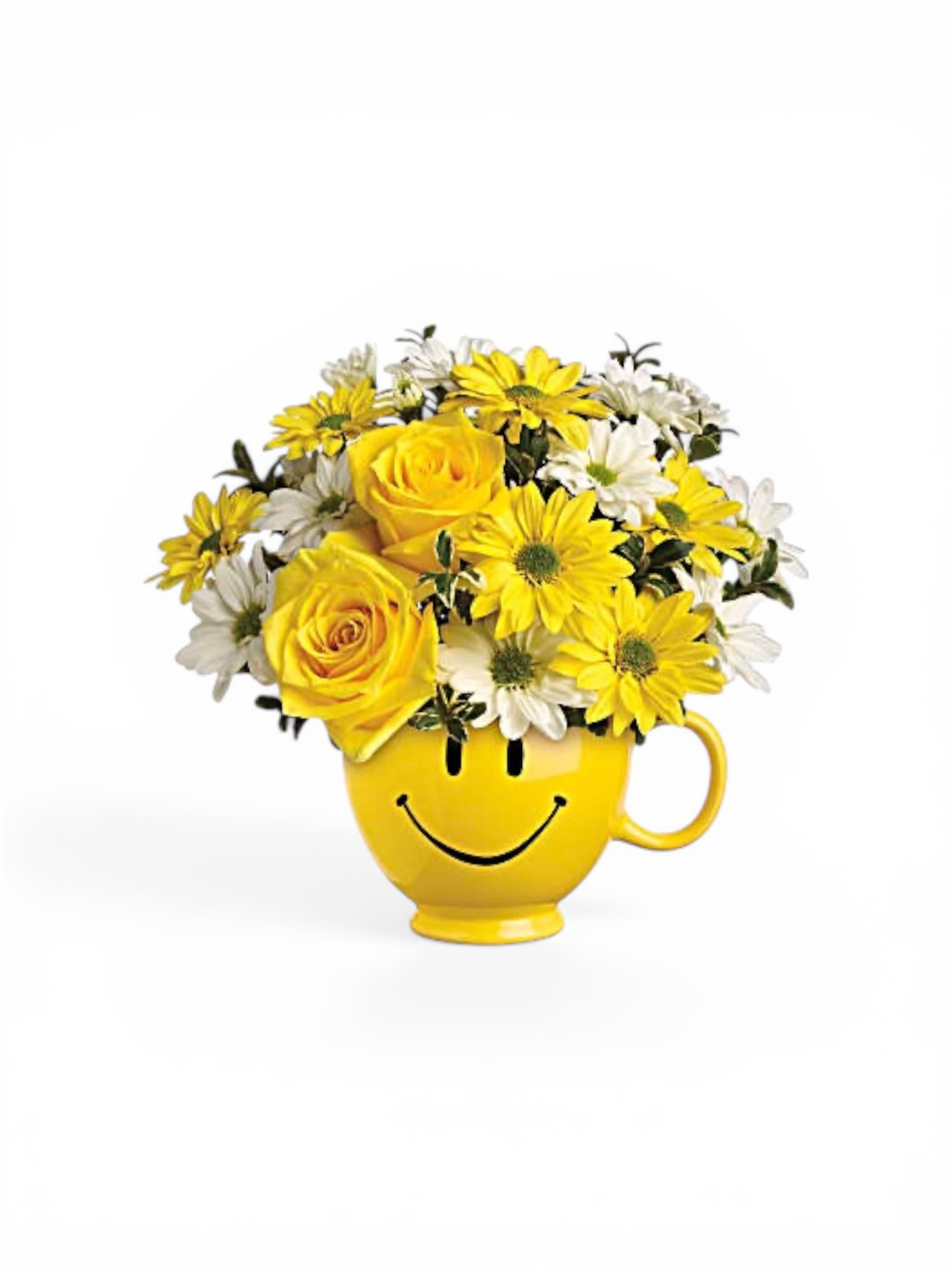 Smiles and smiles to go - Bright yellow roses paired with cheerful white-and-yellow daisy clusters sit tightly gathered in a glossy yellow ceramic mug printed with a bold black smiley face - a sunny flower arrangement perfect for a birthday bouquet, Mother's Day surprise, or a just-because pick-me-up. The bright palette and compact, rounded shape read as playful and optimistic: the roses bring a soft, classic elegance while the daisy-style blooms feel casual and friendly, so the person you're sending it to will feel seen, cheered, and genuinely smiled at.  Arranged to sit brimful in the smiley mug, this design is easy to place on a desk, bedside table, or kitchen counter for everyday delight or seasonal moments like Easter and springtime celebrations. The mug serves as a keepsake-functional long after the stems are gone-and the compact size makes it ideal for get-well wishes, new baby visits, housewarming gifts, graduations, or a bright accent for anniversaries and holidays. Order with confidence for Mother's Day, Teacher Appreciation, Thank You gestures, or simply to tell someone "I'm thinking of you"; care is simple-keep water fresh and out of direct hot sun to prolong bloom life.
