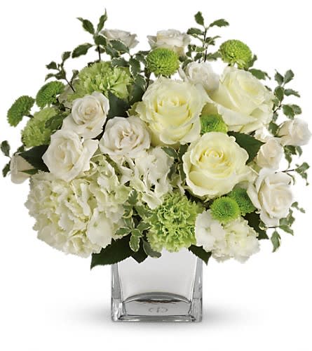 White roses and green pompons in a clear square vase