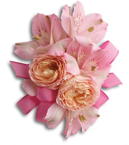 Pink floral corsage with peach roses and alstroemeria on ribbon