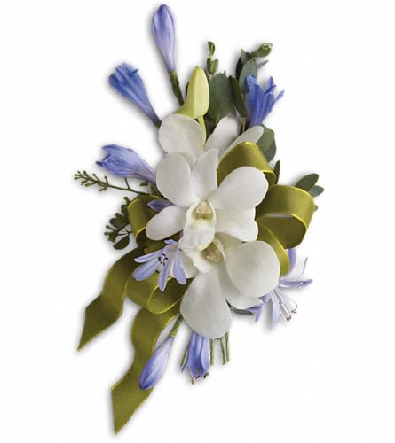 White orchid corsage with lavender accents and olive ribbon