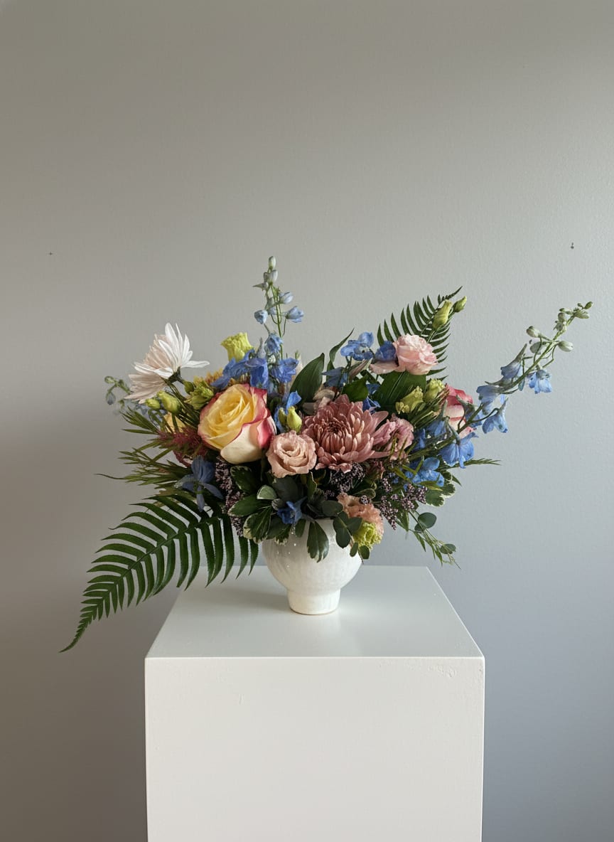 Mother’s Day beauty  - A cheerful, garden-style bouquet arranged in a rounded white ceramic vase.