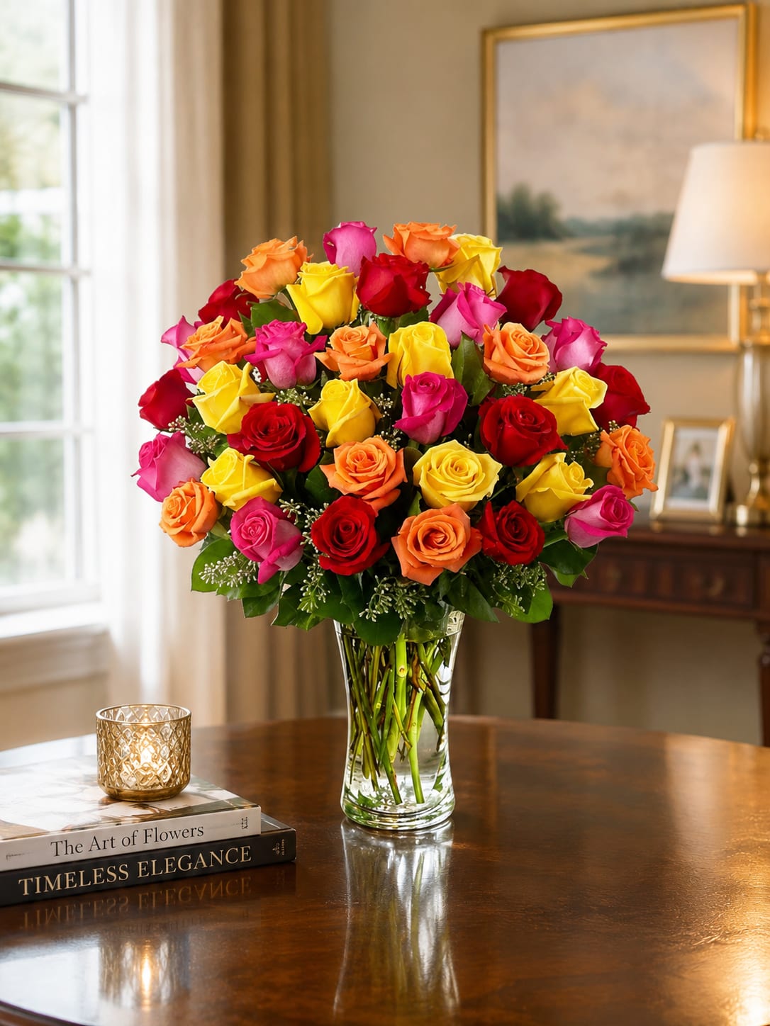 Two dozen Pedal Perfect Mixed Color Roses - A densely clustered dome of two dozen mixed-color roses creates an immediate burst of joyful color-the perfect birthday bouquet, anniversary roses, or Mother's Day arrangement that reads as both festive and heartfelt. The vivid mix of red, yellow, orange and pink roses is arranged so colors ripple through the round head, giving the person you're thinking of a bright, celebratory moment whether you send it for Easter, graduation, or "just because."  Long stems are gathered in a tall clear glass vase that highlights the lush, full rose heads and keeps the presentation clean and classic for housewarming, get well, or thank-you gifts. Sized to make a statement without overwhelming a room, this compact, high-impact arrangement is easy to place on a dining table or bedside dresser; fresh-cut care-replace water every two days and recut stems if needed-helps the roses stay vibrant through spring, summer and beyond.