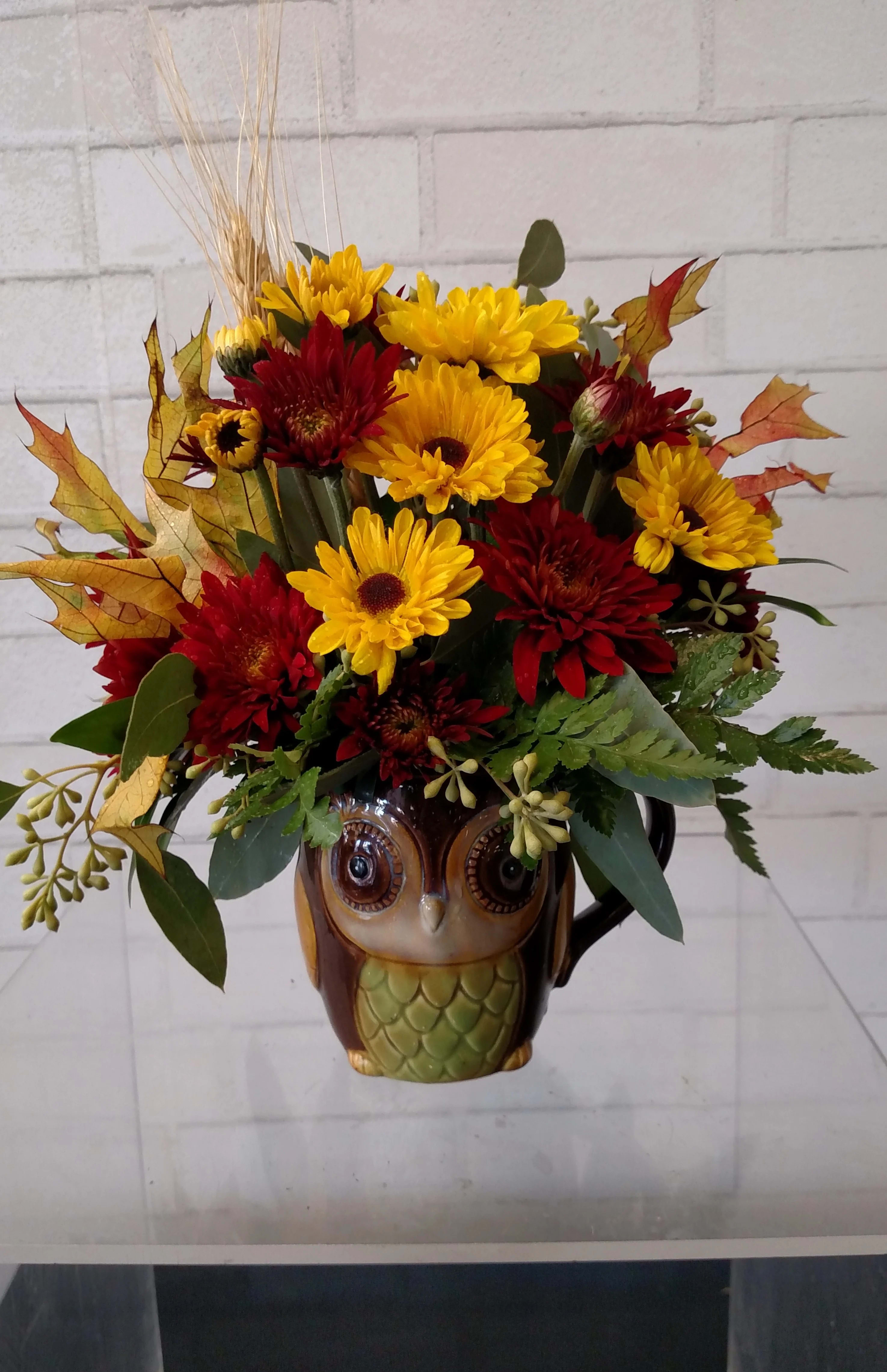 The Little Hoot Bouquet - A cute fall bouquet in an adorable owl mug, sure to make anyone smile.