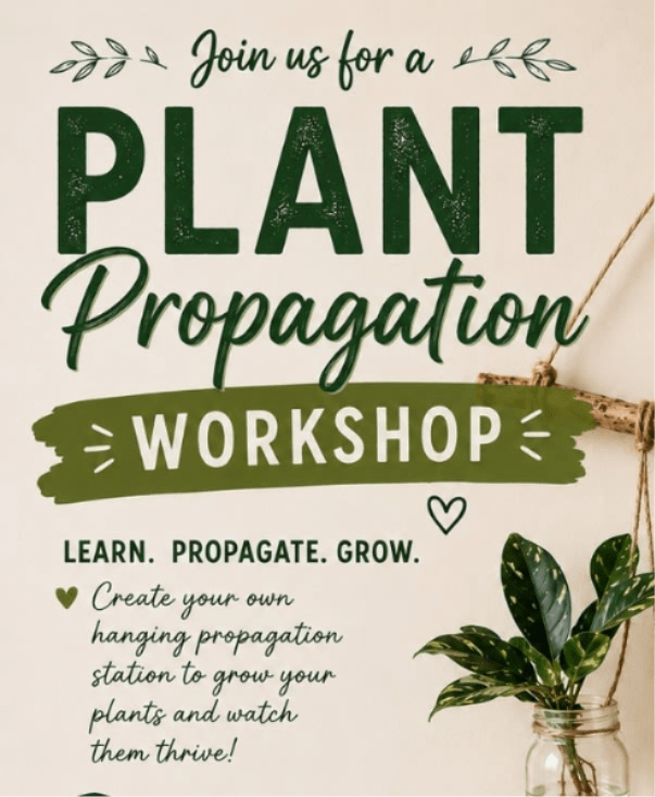 July 23rd-Plant Propagation Workshop - Join us for a fun, hands-on evening learning the art of plant propagation! Create your own rustic hanging propagation decor featuring decorative glass bottles with your choice of plant cuttings to take home. You'll learn simple propagation techniques to help your favorite houseplants multiply.  Thursday, July 23rd, 2026 6:30-8:30pm.   -All supplies included -At Sherwood Florist -Limited spots available -Finished product similar as pictured Registration closes July 21st. ***call store for more details***