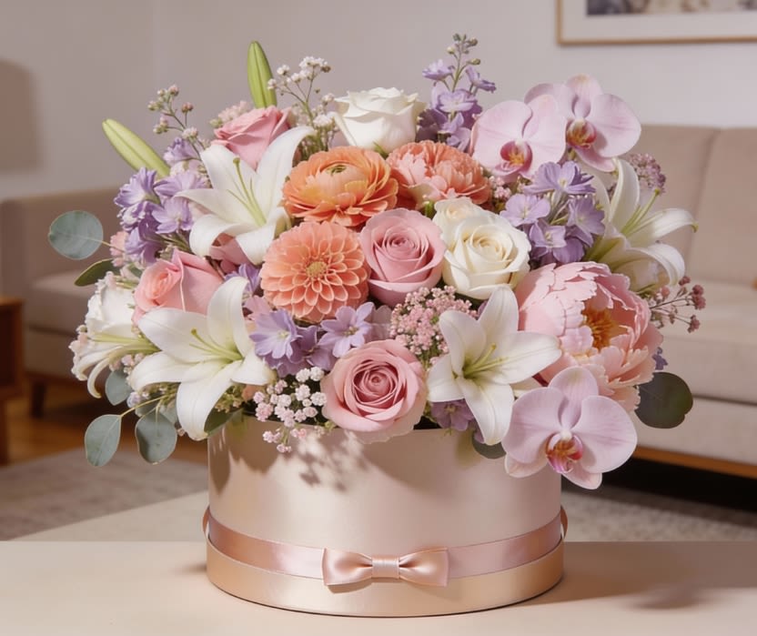 Pearl Radiance  round box  - A graceful and luxurious floral arrangemen Take a walk in the gardens with this refined bouquet. Composed of an abundance of pastel florals and elegant Phalaenopsis orchid. Beautifully accented with fresh greenery and presented in a stylish round box
