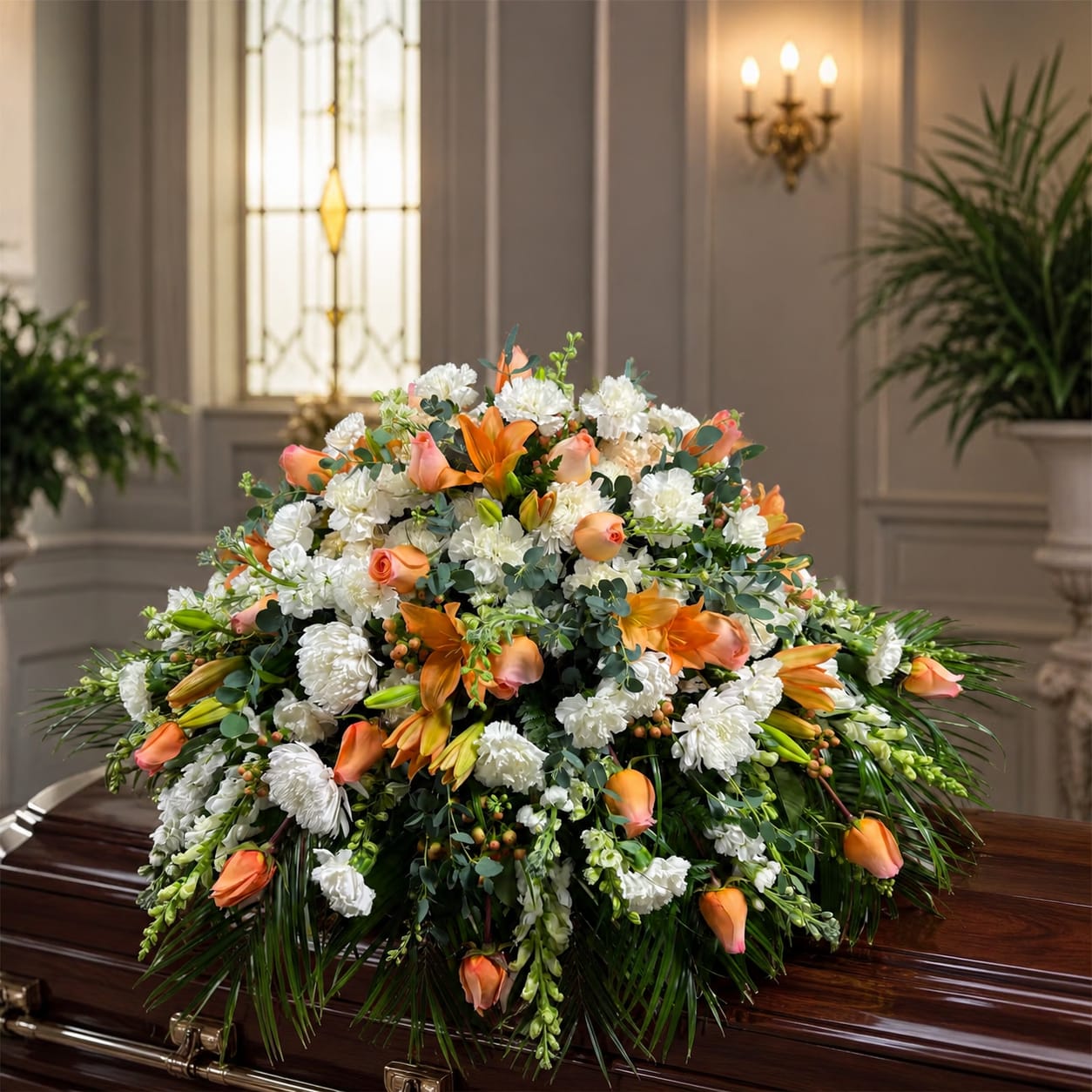 A Fond Farewell  - A large, domed sympathy arrangement designed to offer comfort and quiet grace - perfect as a half-casket spray or as a focal piece for memorial services. The softly cascading silhouette and serene palette of white and peach create a peaceful presence that helps the person you're honoring feel remembered with dignity and warmth.  Clusters of white blooms form the luminous core, while peach roses and orange Asiatic lilies punctuate the design with gentle warmth. Chrysanthemums and snapdragons add texture and vertical movement, and long flowing greens extend outward and downward for a formal, full presentation that reads beautifully from every angle. The arrangement's size and structured shape make it an elegant centerpiece for religious ceremonies or any service where a refined floral tribute is desired.  This piece is crafted to convey sympathy and respect while remaining versatile for romantic or commemorative settings beyond funerals. If you need help choosing the right size or delivery timing for a service, our team can assist to ensure the arrangement arrives fresh and positioned for maximum impact.