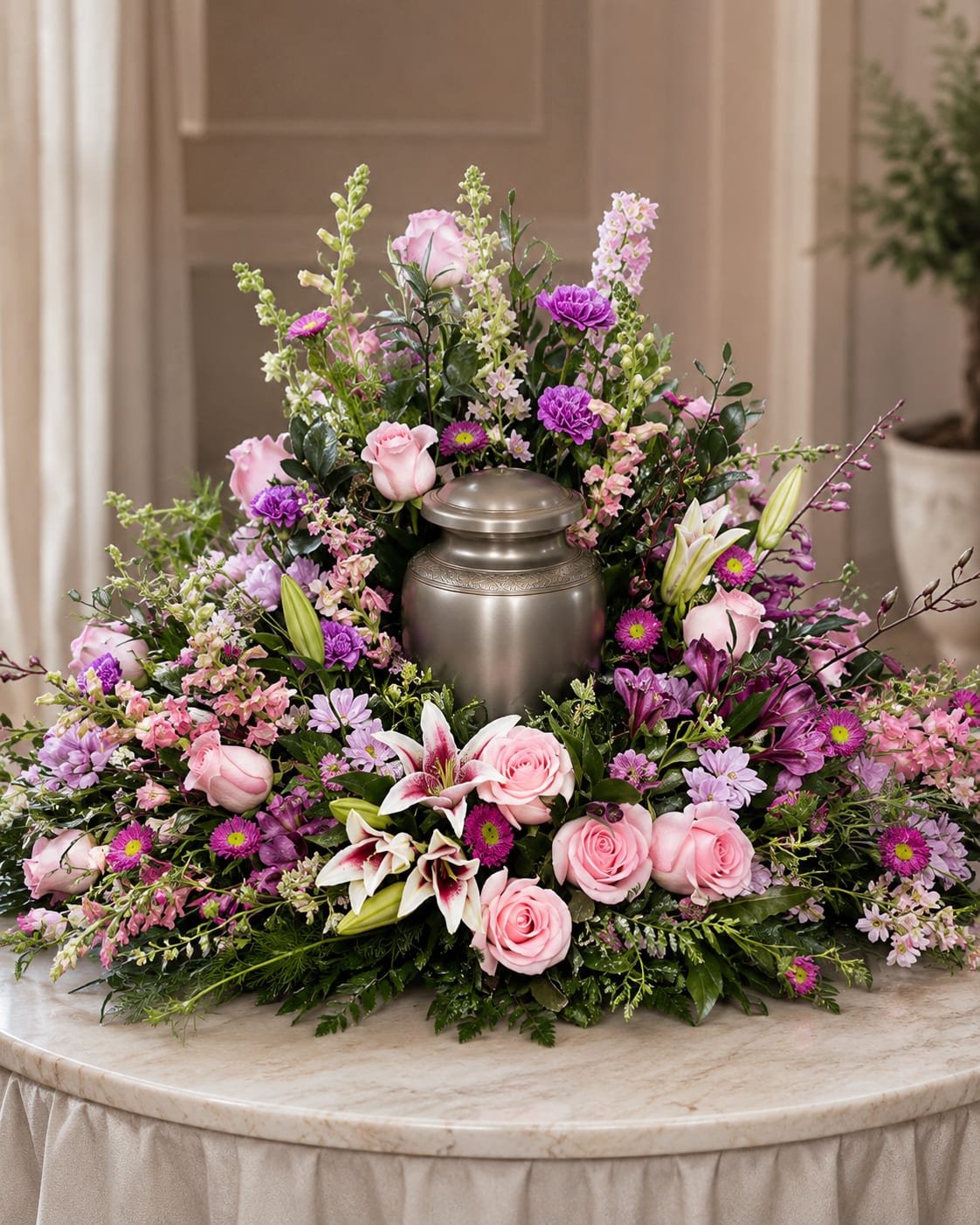 A Mothers Love Cremation Wreath  - A soft, elongated spray that speaks of tenderness and remembrance, this cremation wreath is designed for sympathy and funeral services where a gentle, comforting presence is needed. The arrangement's low, fanned triangular profile rises slightly in the center and tapers at the ends, giving it a graceful silhouette that honors a mother's memory while conveying calm and reverence.  Carefully clustered soft pink roses and star-shaped white lilies form the heart of the piece, while lavender chrysanthemums, purple snapdragons, and magenta alstroemeria add depth and quiet contrast across the length. Densely packed blooms create a lush, textured look with delicate pastel tones and occasional richer pops of color; the overall palette of pink, purple, white, and lavender reads both soothing and dignified. The design's horizontal format makes it ideal for placement on a casket, memorial table, or as a special tribute.  Made to comfort the person you're remembering, this wreath offers a meaningful way to say "we're thinking of you" to family and friends while honoring a mother's life. Size and handling details are available at checkout; to help the flowers arrive in their best condition, order in advance when possible so we can prepare and deliver them fresh for the service.