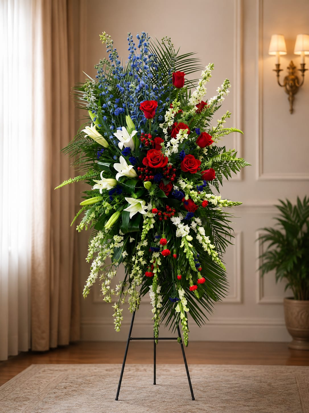 American Honor by Petal Perfection  - A dignified red, white, and blue funeral spray that conveys respectful remembrance and patriotic honor. This sympathy arrangement is a tall, elongated spray composed for memorial services and patriotic observances; the vertical, tapered silhouette gives it a formal, ceremonial presence that will stand beside a casket or at a graveside with quiet grace.  Clusters of deep red roses and fragrant white lilies are set against rising stems of blue delphinium and a lush backdrop of long fronds and mixed greenery. Smaller accent blooms in pale and red tones add texture along the edges and tips, creating layered depth and a balanced, dimensional look. The flowers are arranged with the blue stems reaching upward through the center while the lilies and roses form a richer middle cluster, preserving the classic spray shape.  Made to comfort the person you're honoring, this arrangement sends a message of respect and remembrance-an appropriate choice for memorials, Veterans' commemorations, or any time you need a solemn, patriotic tribute. Please contact us for size options and specific delivery needs so we can ensure the spray is arranged and presented exactly as required for the service.