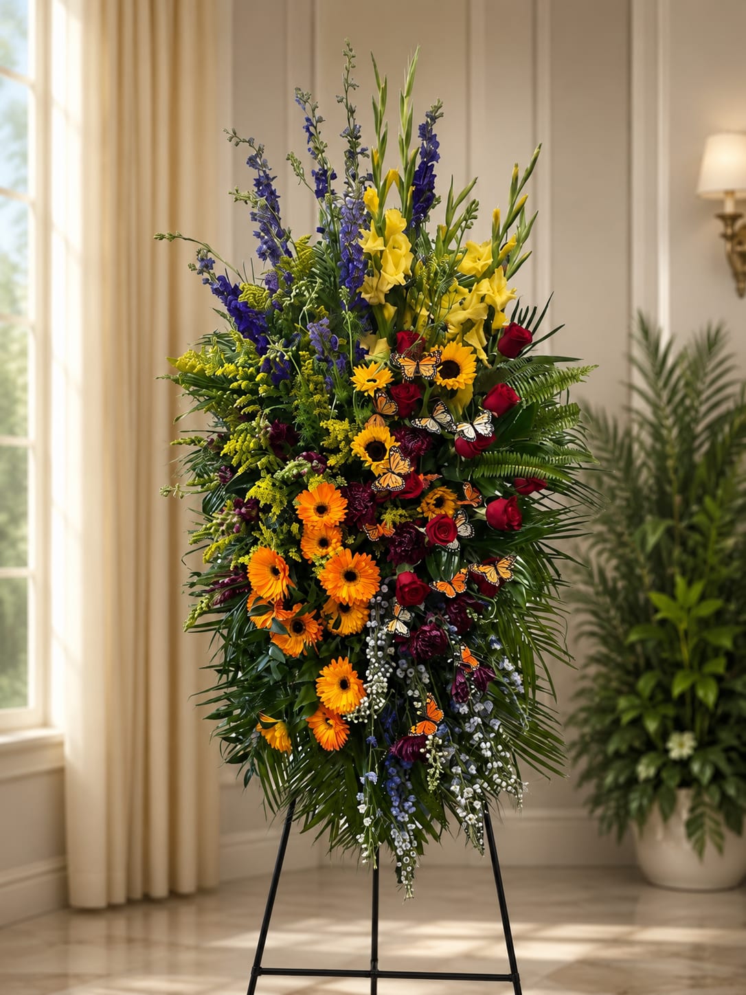 Monet’s Garden Spray by Petal Perfection  - A tall, uplifting spray that reads like a painter's palette-perfect for a sympathy or funeral tribute where you want to honor a life with color and dignity. This sympathy flower arrangement features the formal, vertical fan shape of a memorial spray while keeping the mood hopeful: bright yellow and orange blooms catch the eye, balanced by deeper red and purple tones for depth and reverence.  The composition includes clusters of gerbera daisies and other daisy-like blossoms concentrated toward the center and lower portion, with red roses and darker accents woven throughout to add weight and contrast. Spires of blue and yellow flowers reach upward against a lush green backdrop, giving the piece height and a garden-fresh texture. The mixed palette also carries soft hints of pink, lavender, peach and white among the chrysanthemums, carnations and delphinium, creating a layered, natural effect.  Designed to stand over a casket or rest on an easel at a memorial service, this spray offers a respectful, uplifting way to say farewell that will help the recipient's loved ones feel seen and remembered. Standard sizing fits most funeral displays; please contact us if you need a custom size or specific flower substitution for seasonal availability.