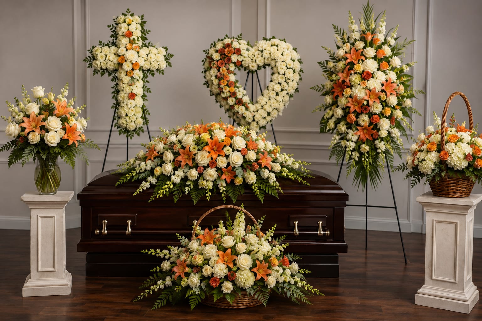 Funeral casket surrounded by white and orange floral sprays and baskets
