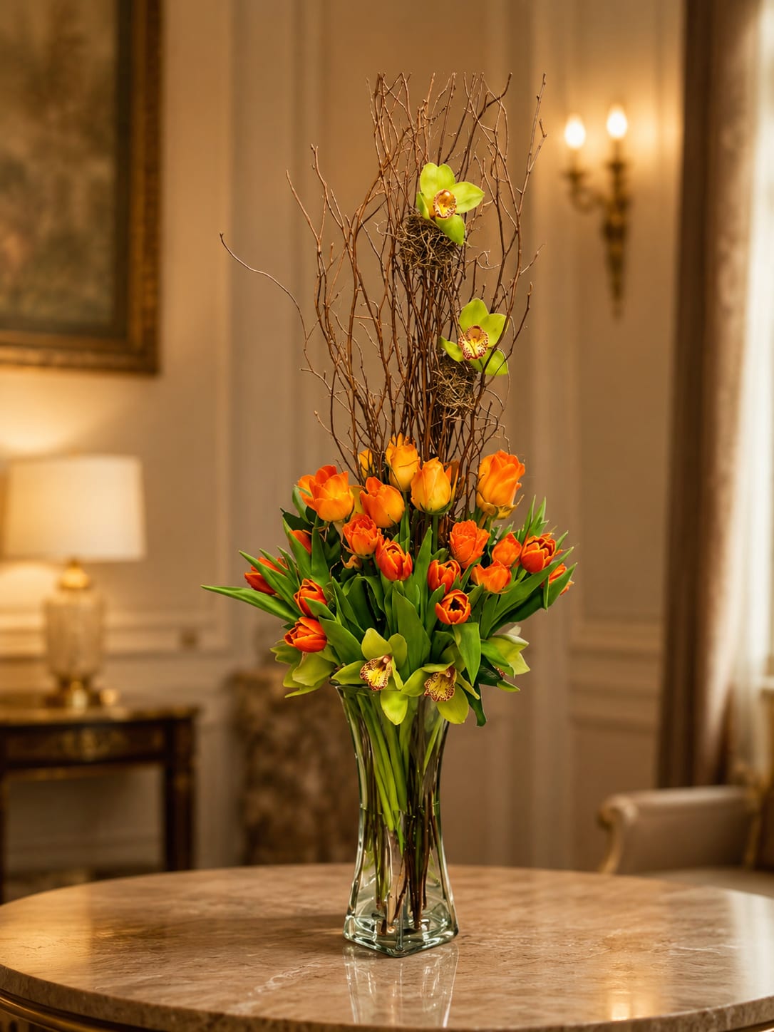 Orange Opulence by Petal Perfection  - A vibrant cluster of bright orange tulips crowns a tall clear glass vase in this contemporary spring bouquet - perfect as a birthday bouquet, Mother's Day gift, or a cheerful just-because arrangement. The bold orange and peach tones read joyful and energetic, while the vertical bare branches create a striking silhouette that gives the piece modern structure and presence for events like graduations, housewarmings, or seasonal Easter displays.  Peach roses and a few greenish-yellow cymbidium orchids tuck among the tulips and branches, adding exotic texture and soft color contrast that keeps the design from feeling one-note. The mix of orchids, roses, tulips and cymbidium orchid blooms creates a layered, tactile look: soft rose petals, the clean tulip faces, and the sculptural orchid centers. Display height comes from the tall clear glass vase and the upward-reaching branches, making this arrangement a strong focal point for tabletops, entryways, or office reception areas.  Designed to make the recipient feel celebrated and seen, this arrangement suits many occasions - anniversaries, congratulations, get well, sympathy, Thanksgiving or Christmas centerpieces, and everyday thinking-of-you moments. For best longevity, keep the vase topped with fresh water and trim stems slightly when refreshing; its tall profile also makes it ideal for gifting when you want to convey warmth, admiration, or bright seasonal cheer.