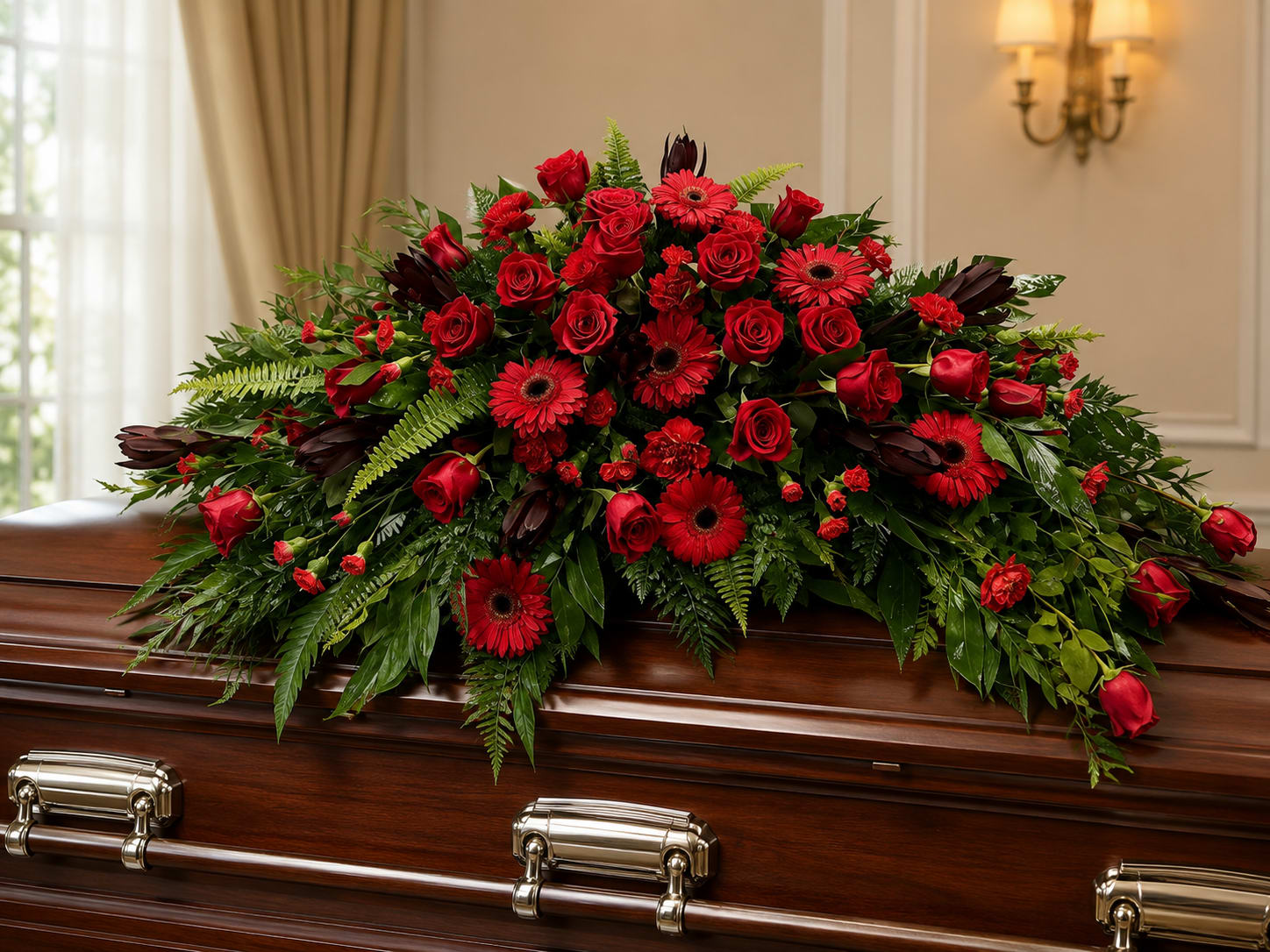Red Reverence Casket Piece by Petal Perfection  - A dense, horizontal spray of deep red blooms makes a powerful, reverent statement for sympathy and funeral occasions. This casket piece features red roses and red gerbera daisies front and center, the rich color and structured oval silhouette conveying love, respect, and quiet strength for the person you're honoring.  Accented with smaller red flowers and tucked deep burgundy, calla-like blooms, the arrangement reads formal and dramatic without being ornate. The design is low and elongated-symmetrical and arched with tapered ends-so it sits gracefully on a flat surface and presents a continuous line of color from end to end. Textural contrast between the velvety roses, bold gerberas, and the darker calla tones creates visual depth even at a distance.  Made to convey sympathy or mark a solemn memorial, this piece offers a thoughtful, carefully composed way to show you're thinking of someone during a significant loss. Its horizontal scale is intended for casket display or a prominent tabletop tribute; please consult our delivery options to ensure timely placement for services.