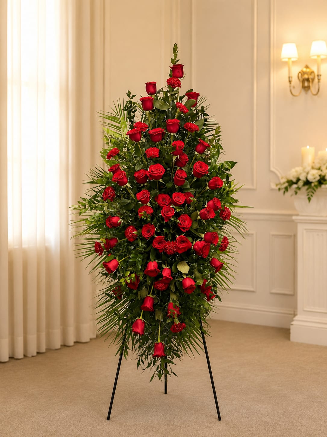 Red Rose standing spray - A cascade of vivid red roses forms the centerpiece of this red rose standing spray, a dignified sympathy and funeral arrangement designed to convey deep respect and lasting remembrance. The tall, teardrop silhouette draws the eye upward and down, creating a formal, elegant presentation that honors the person you're remembering while also communicating love and deep sentiment.  This arrangement pairs large red roses with smaller red carnations and accent blooms set against layered green foliage to create rich color contrast and texture. The flowers are densely arranged in a structured vertical form that tapers at both the top and bottom for a classic memorial look; the strong red and green palette reads as both dramatic and solemn. The overall effect is refined and expressive without excess, suitable for chapel display or graveside tribute.  Made to stand tall beside a casket or at a memorial service, this spray gives mourners a clear focal point and offers a meaningful way to say goodbye. Order with delivery to the service location and note any special requests for placement or card wording; stems are arranged for professional standing display and will hold their form during transport and services.