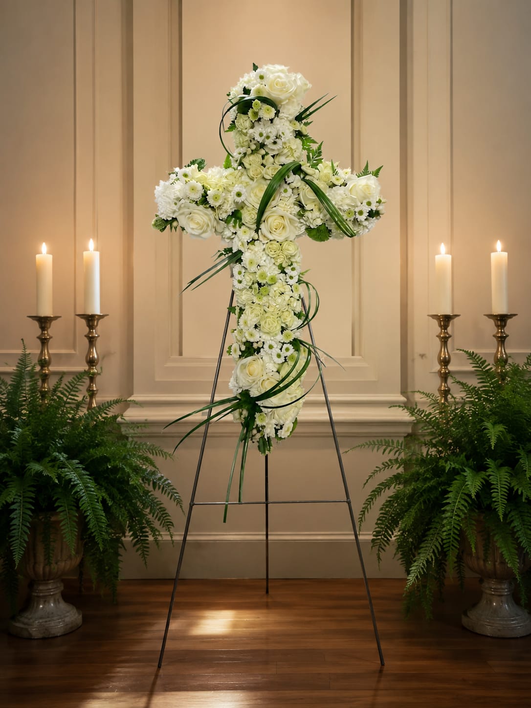 Simplicity Cross - A serene all-white cross covered in cream and white roses, chrysanthemums, daisies and cushion-style blooms creates a reverent focal point for sympathy and funeral services. This sympathy flower arrangement - a standing or wall-ready floral cross - conveys quiet respect and comfort to the person you're honoring, the family, and the congregation.  Flowers are tightly packed to form a full, textured surface: garden-style roses and small daisies mingle with plush chrysanthemum cushions for soft dimension, while long, dark-green blades of foliage are artfully looped and draped to add gentle movement and contrast against the pale palette. The cross is finished with a metal wall hook for secure display in a chapel or reception area and is intended to read as a single, cohesive emblem of remembrance.  Designed to suit memorial services year-round, this cross is the kind of tribute that helps mourners feel seen and supported. Simple care: keep out of direct heat and mist as needed to preserve freshness; contact us for delivery timing to ensure it arrives for the service.