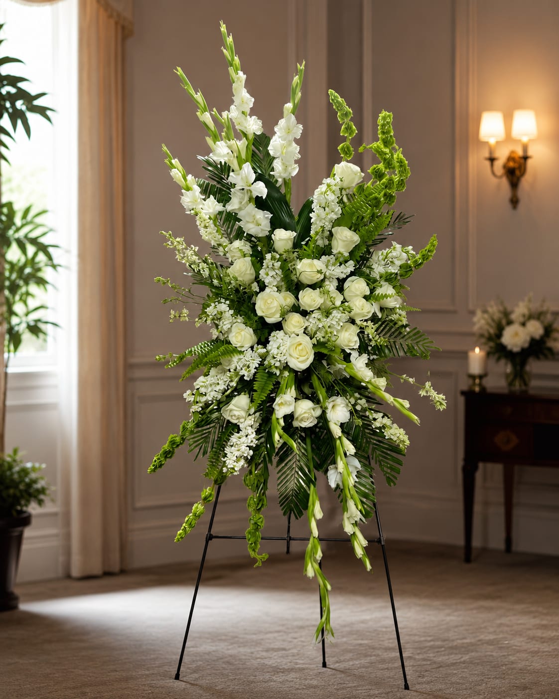 Sorrowful White Standing Spray - A tall, fan-shaped sympathy standing spray in white and green that offers quiet dignity for a funeral or memorial service. The arrangement's vertical silhouette and serene palette make it an appropriate condolence tribute when you want the person you're honoring to be remembered with grace and respect.  Clusters of white roses and dense white stock form the lush central focal point, while taller white spikes rise to add elegant height. Green Bells of Ireland and elongated foliage sweep outward and downward, creating a flowing, formal profile that reads well at the front of a casket or on an easel beside a lectern. The mix of full blooms and vertical accents gives the spray both texture and a calm, reverent presence.  Choose this piece when you want to express sympathy, offer comfort at a viewing, or mark a solemn ceremony-the kind of arrangement that helps the recipient feel seen and supported. Please note sizing and placement preferences at checkout so we can prepare the appropriate scale for your service; stems arrive ready for display and benefit from fresh water until placed on a stand.
