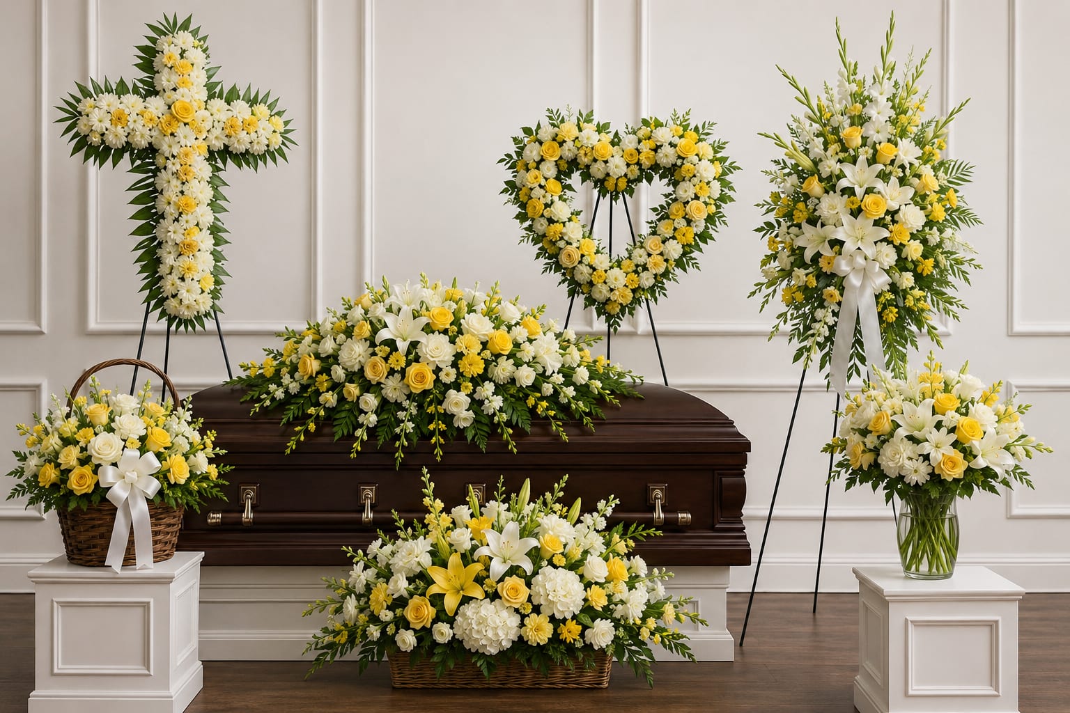 Sympathy floral set with yellow and white arrangements around a casket