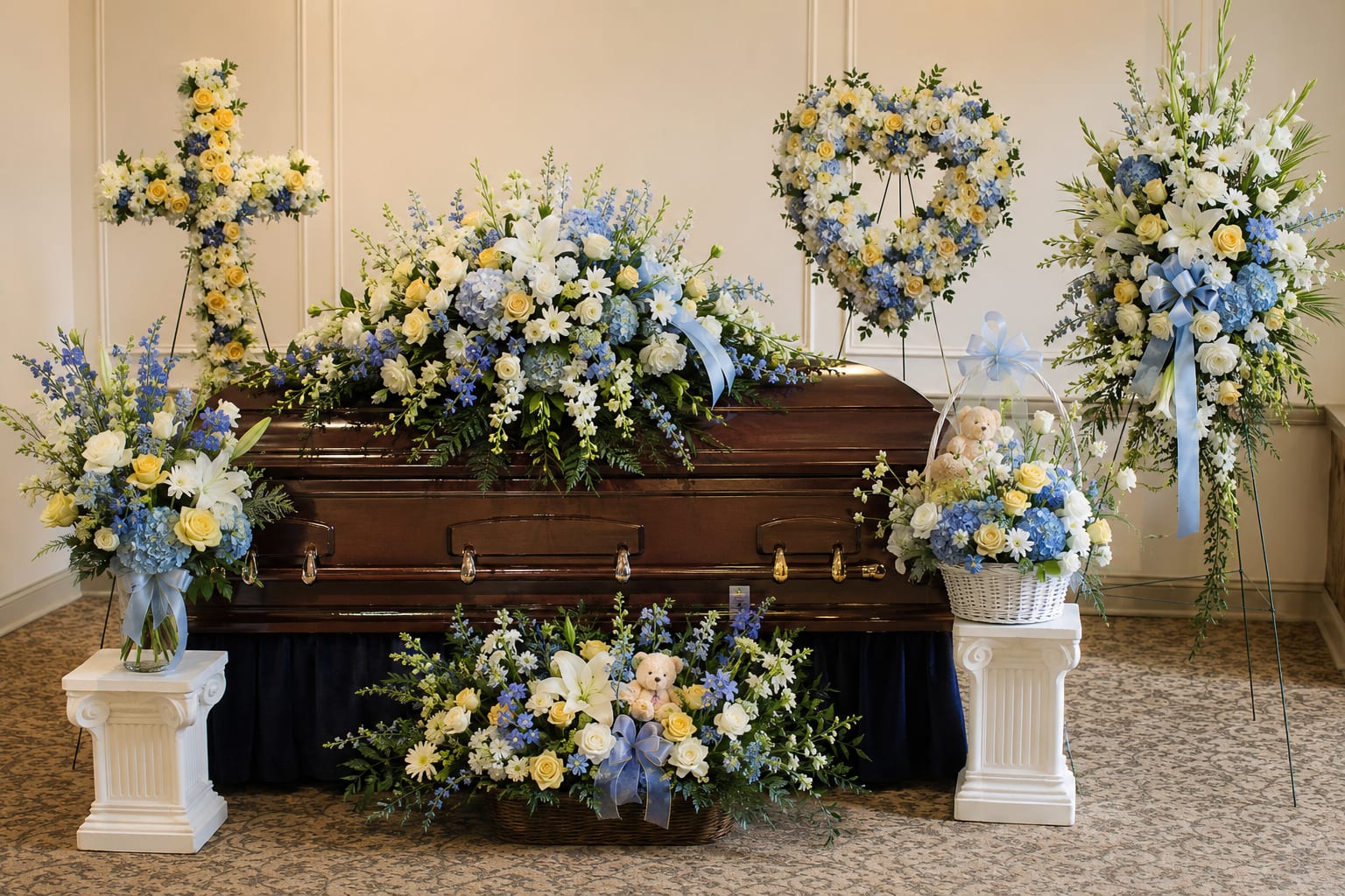 Casket surrounded by blue, white, and yellow funeral flower arrangements