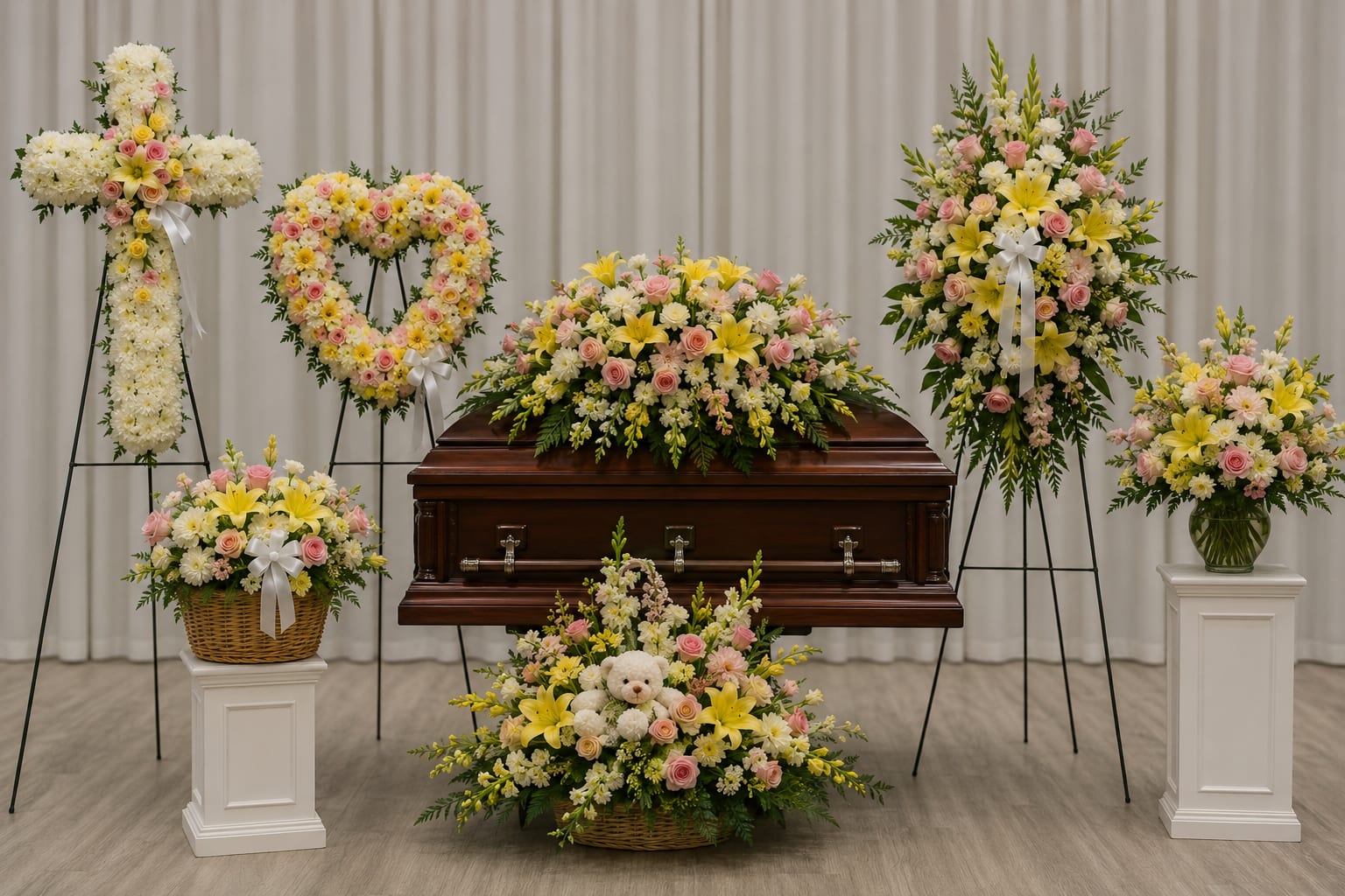 Funeral casket surrounded by pastel floral sprays and wreaths