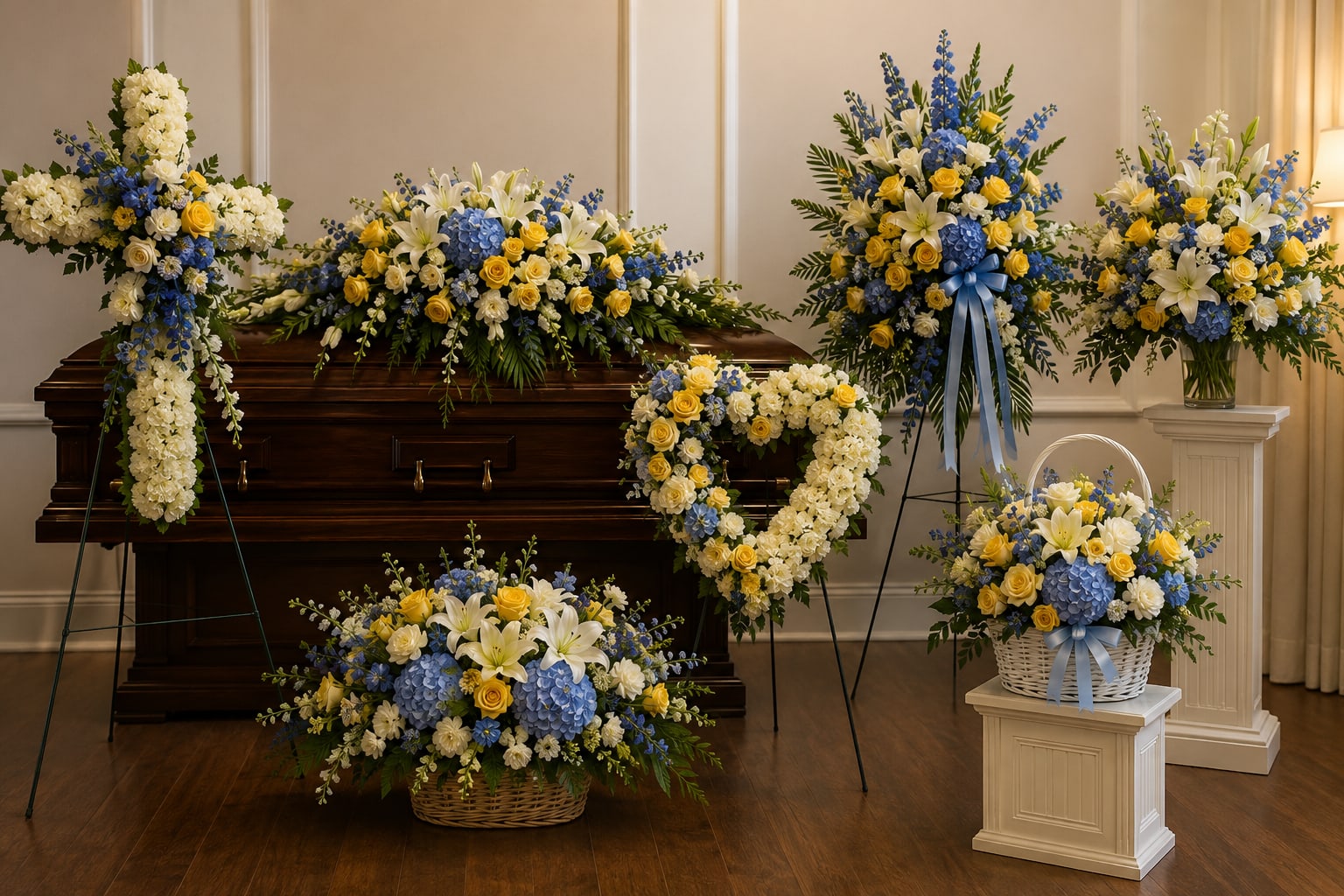 Funeral casket surrounded by blue, yellow, and white floral sprays