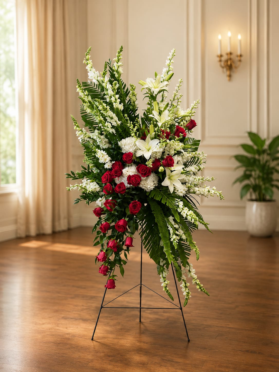 The Modern Bleeding Heart Spray - A striking asymmetric spray of red roses and white lilies rises on a metal easel stand, creating a bold visual statement for sympathy and funeral services. The Modern Bleeding Heart Spray places clustered red roses near the center that cascade downward like a ribbon of deep color, while white lilies and additional white blossoms reach upward and outward to lend height and a serene, formal silhouette-the kind of arrangement that helps the person you're honoring feel deeply remembered.  Carefully arranged snapdragons and chrysanthemums add vertical texture and soft green accents that balance the red-and-white palette and give the spray a structured, ceremonial presence. Mounted on a sturdy metal easel, this standing arrangement is designed for visibility in a chapel or memorial space; its shape and scale read well from a distance and beside a casket or memorial table.  Choose this spray when you want a message of heartfelt respect and lasting remembrance-appropriate for close family tributes or to convey sympathy from a group. Standard sizing fits most service spaces; please contact us for delivery timing or special placement requests so the arrangement arrives fresh and properly displayed.