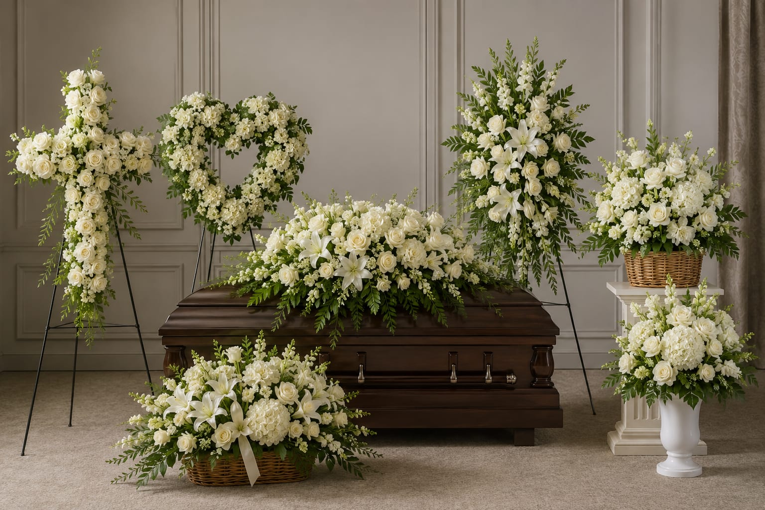White funeral casket spray with matching standing floral tributes