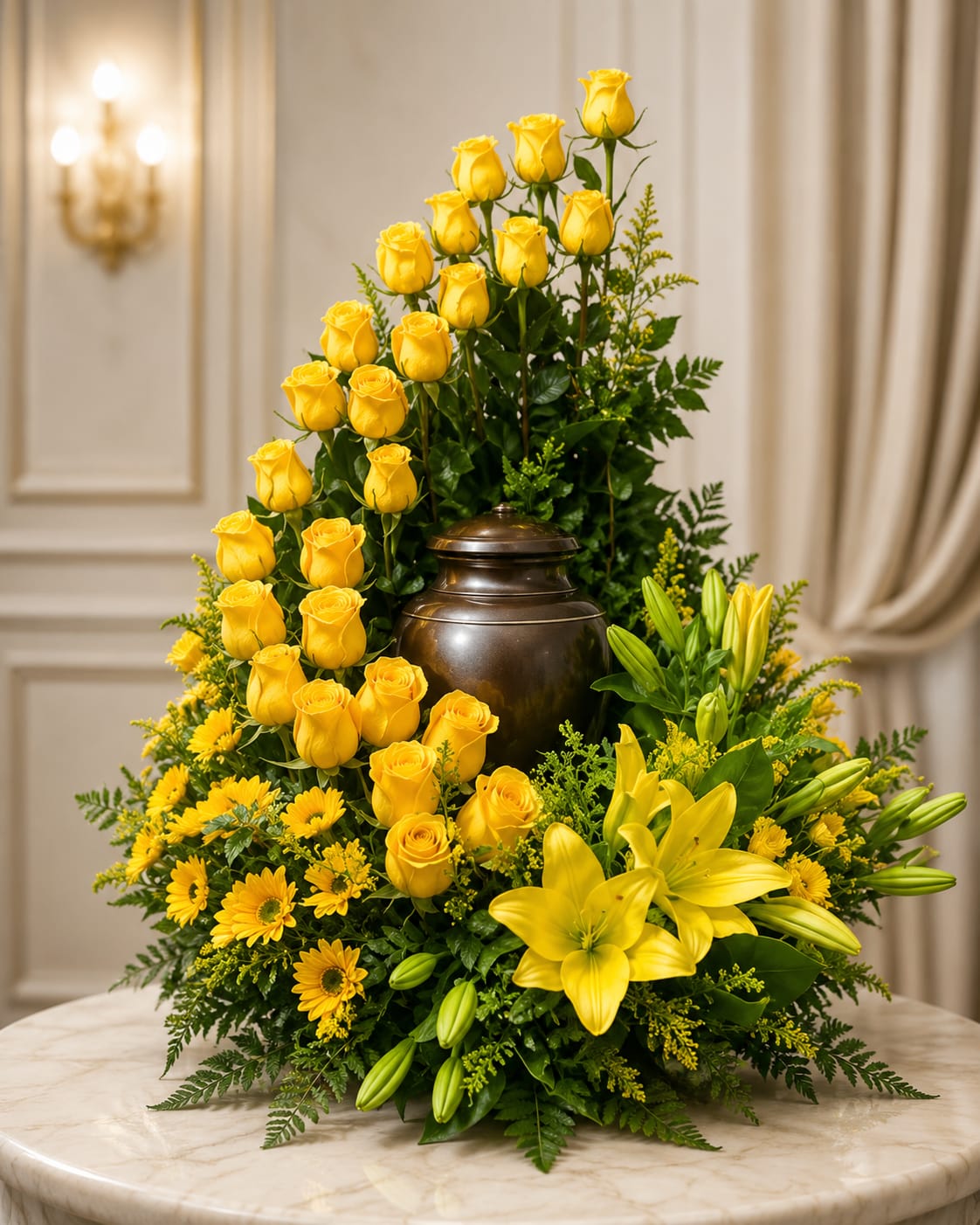 Yellow Rose Spiral Cremation Wreath  - Vibrant Yellow Rose wrapping around the center urn.