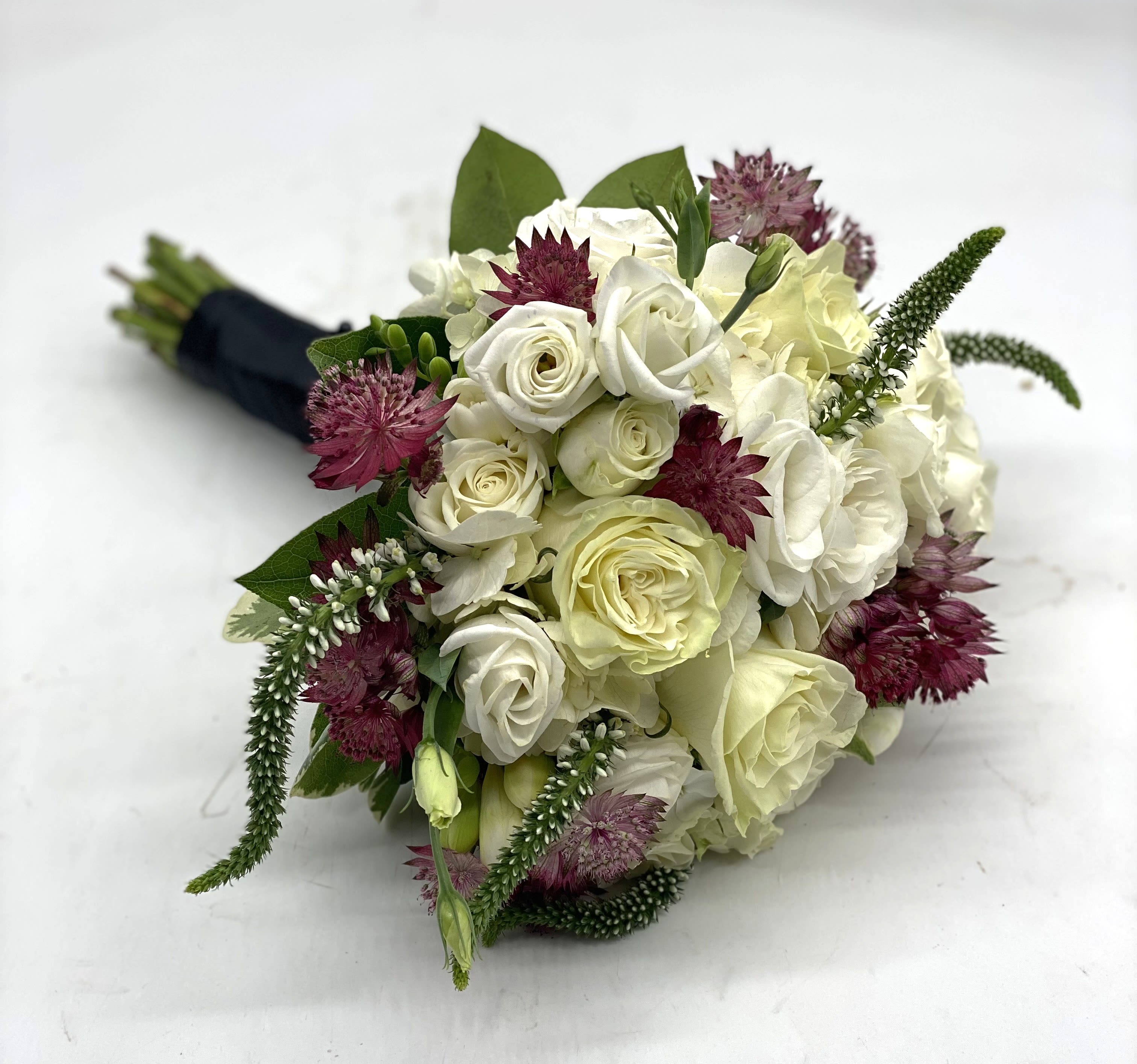 Midnight Bloom Bouquet - A nice mix of whites with pops of deep purple/burgundy tones!