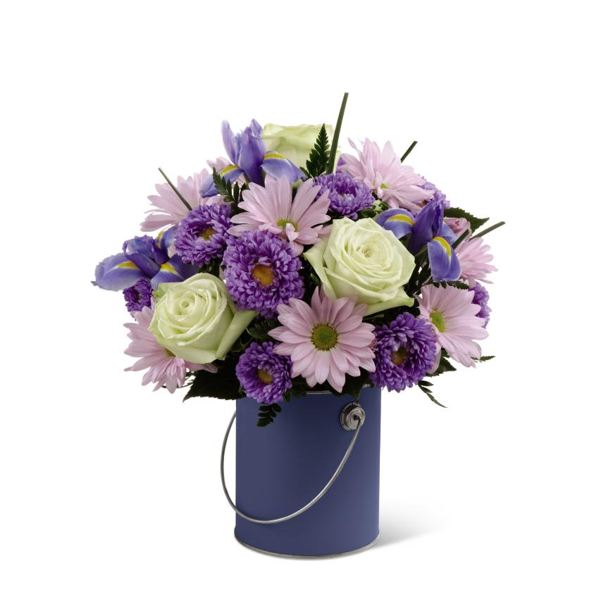 FTD Color Your Day with Tranquility Bouquet - The FTD Color Your Day With Tranquility Bouquet speaks to peaceful   moments in nature's beauty, blooming with cool hues to calm and relax   the mind. Exquisite jade green roses form a pop of light amongst blue   iris, lavender traditional daisies, lavender matsumoto asters and lush   greens to form a simply gorgeous flower bouquet. Presented in a   periwinkle quart-size decorative paint can inspired vase, this flower   arrangement is wonderful gift to send as a get well offering, to express   your thanks, or even to convey your deepest sympathies. GOOD bouquet   includes 10 stems and a paint can inspired vase. Approx. 11âH x 11âW.   BETTER bouquet includes 15 stems and a paint can inspired vase. Approx.   12âH x 12âW. BEST bouquet includes 19 stems and a paint can inspired   vase. Approx. 13âH x 13âW. 