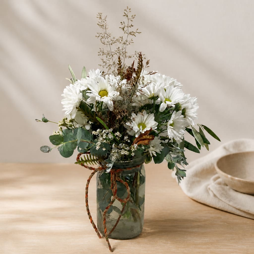 White daisy bouquet in a glass jar with a braided ribbon tie