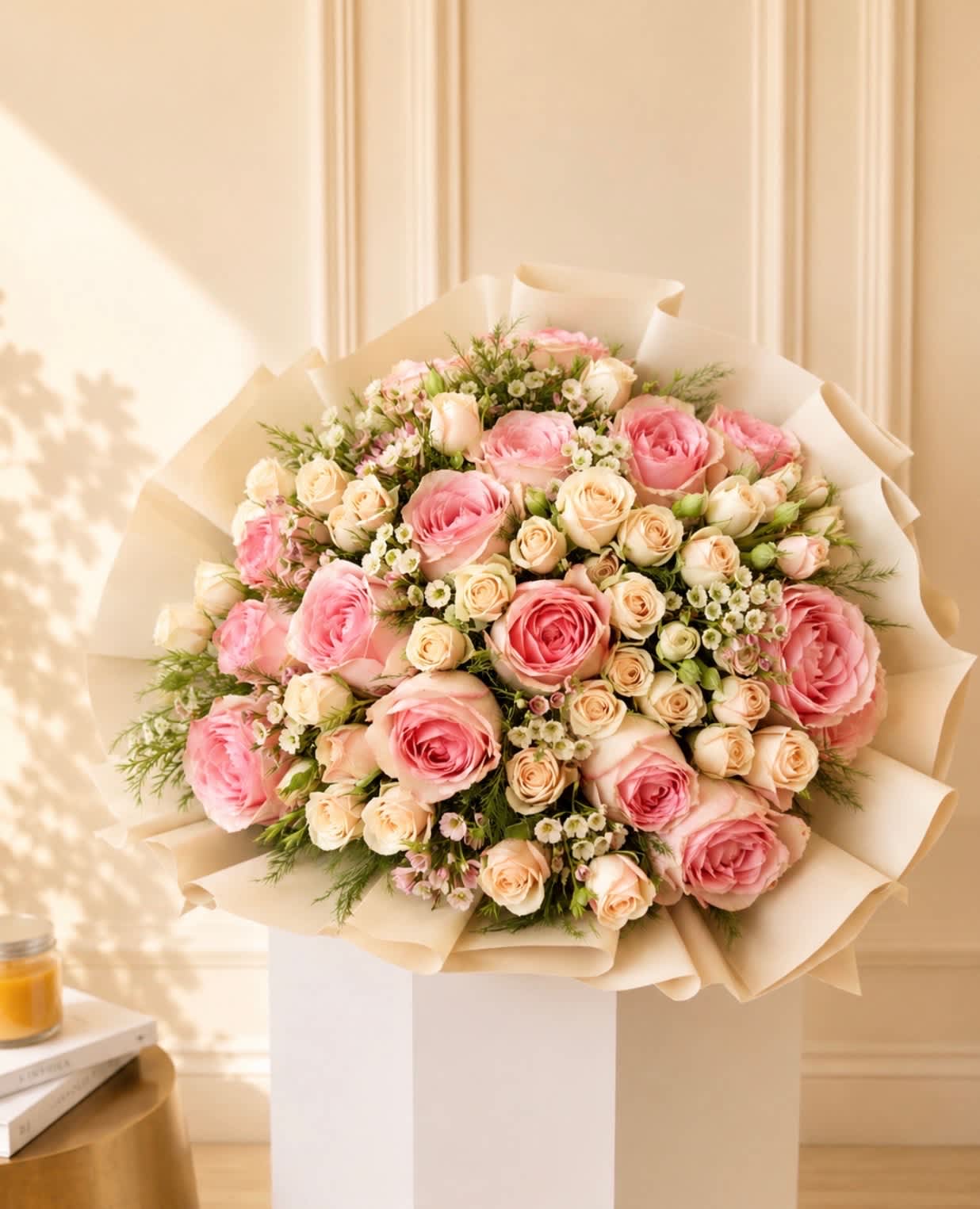 Bouquet of pink and cream roses wrapped in beige paper