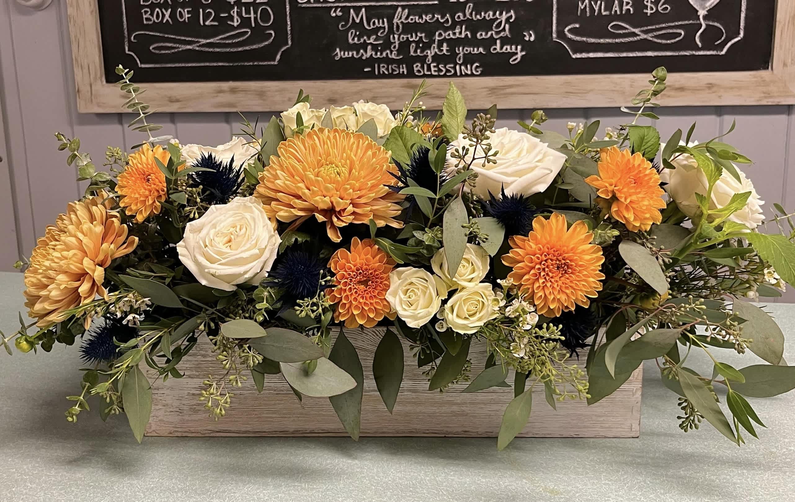 Rustic Thanksgiving - Orange disbud cremones, white playa blanca roses, orange cremone, white spray roses, with blue thistle and assorted eucalyptus