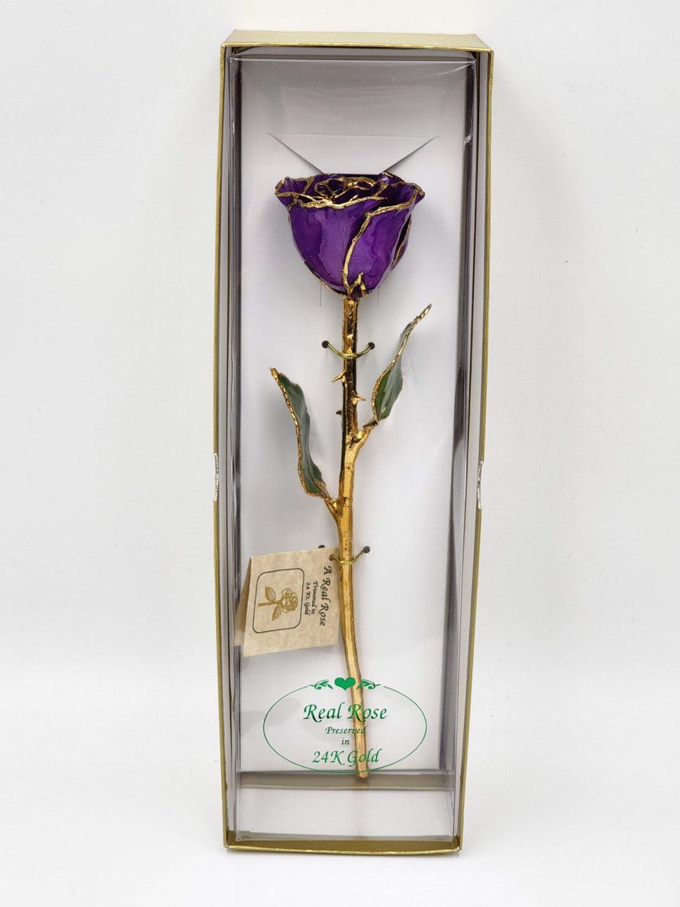 Preserved Purple 24KT Gold Rose - A real rose preserved to last and then trimmed with real 24kt gold and presented in a gift box.