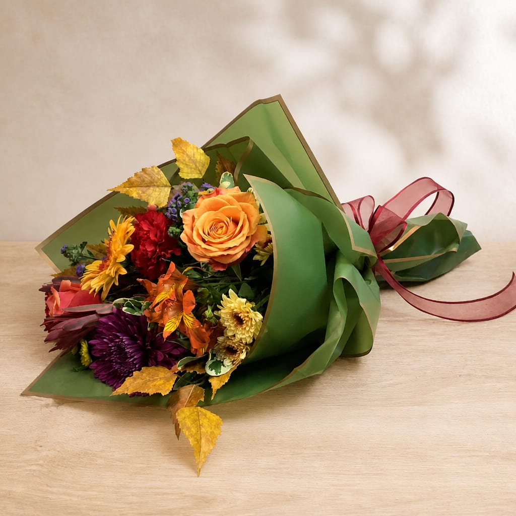 Bouquet of mixed flowers wrapped in green paper with a burgundy ribbon