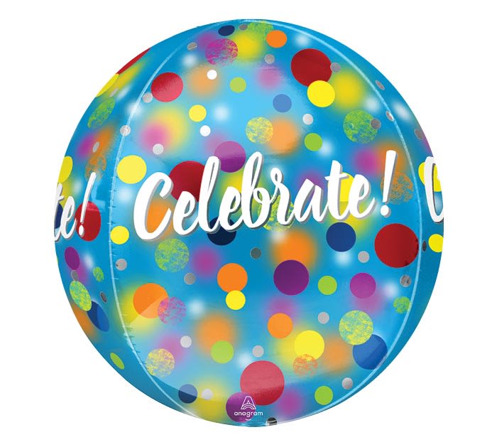 Round blue balloon with colorful dots and the word Celebrate