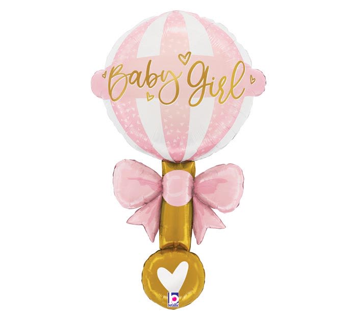 Pink and white baby girl balloon with a bow and heart accent