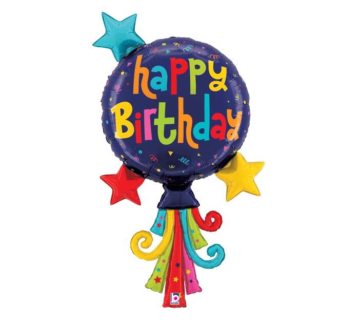 Happy Birthday balloon with colorful stars and tassels