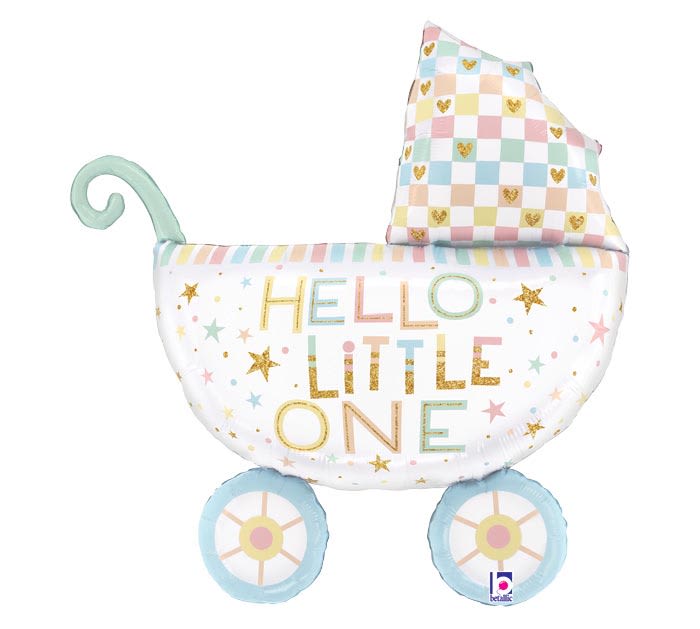 Pastel baby carriage-shaped foil balloon with "Hello Little One" text