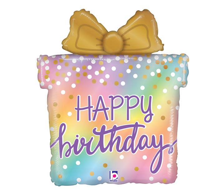Pastel birthday balloon shaped like a gift box with a yellow bow
